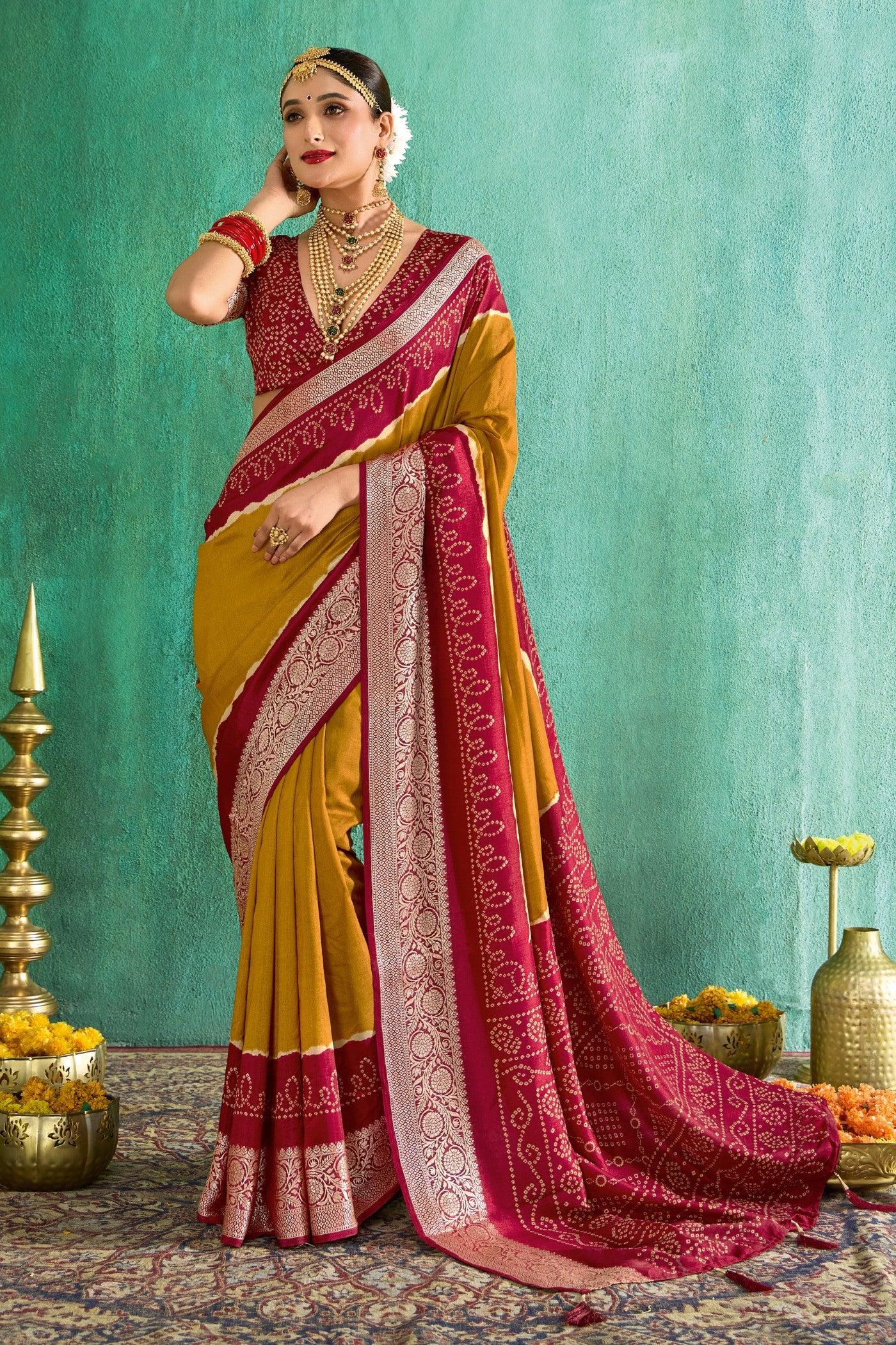 Buy MySilkLove Mustard Yellow Tussar Bandhani Silk Saree Online