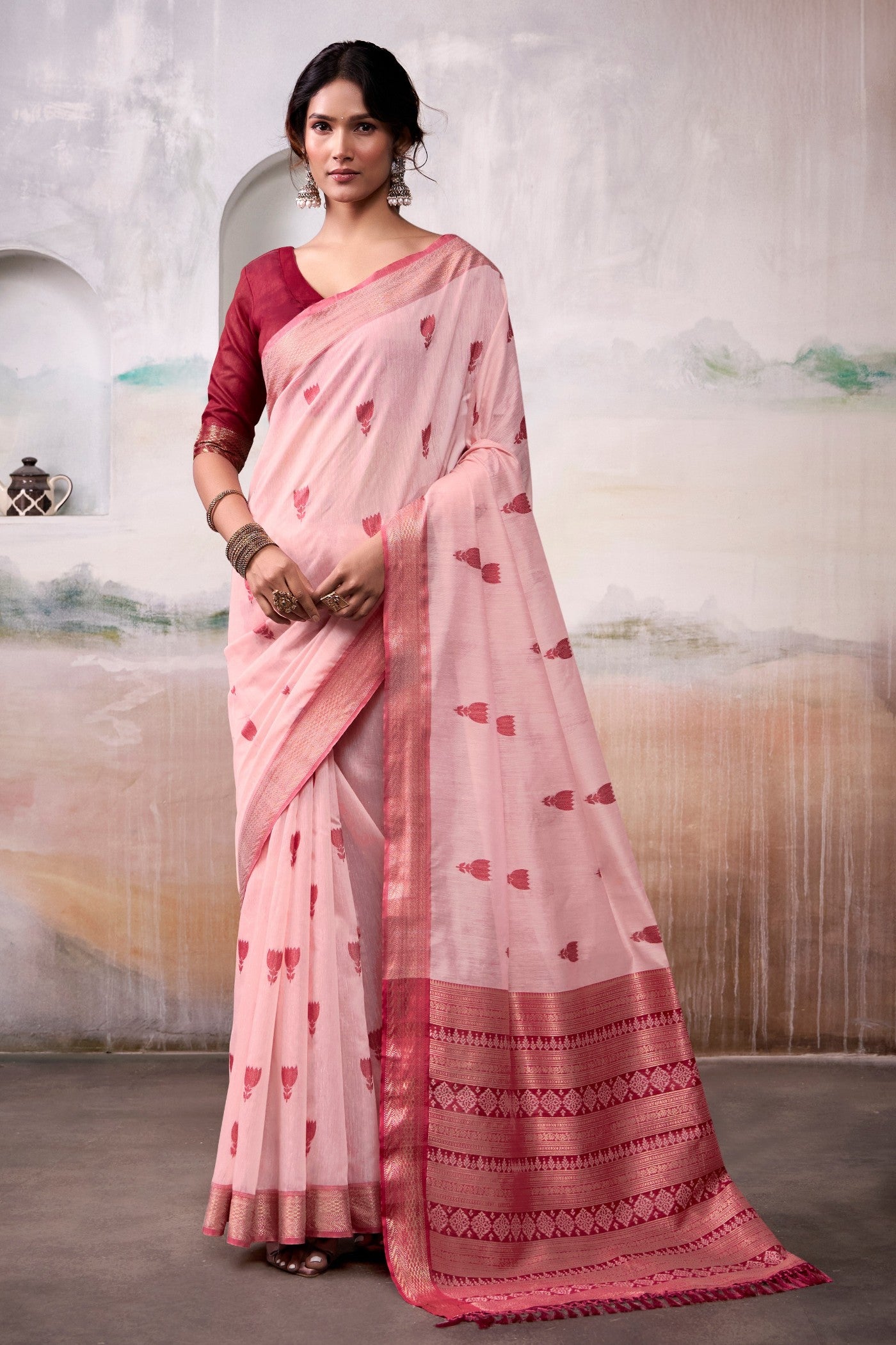 Buy MySilkLove Coral Pink Woven Modal Cotton Saree Online