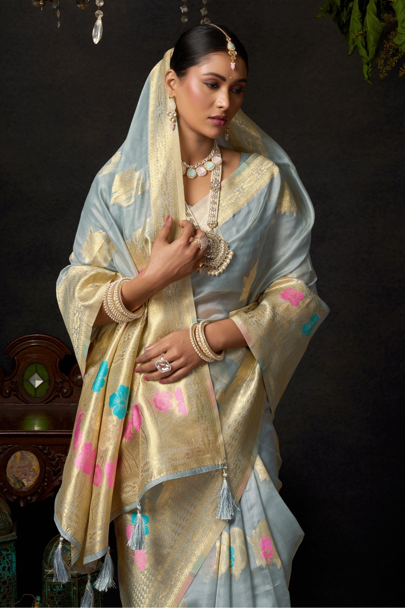 MySilkLove Silver Grey Woven Banarasi Organza Saree