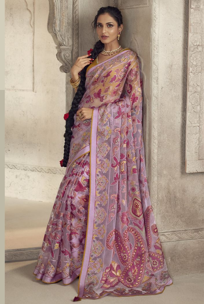Buy MySilkLove Bouquet Lavender Woven Organza Saree Online