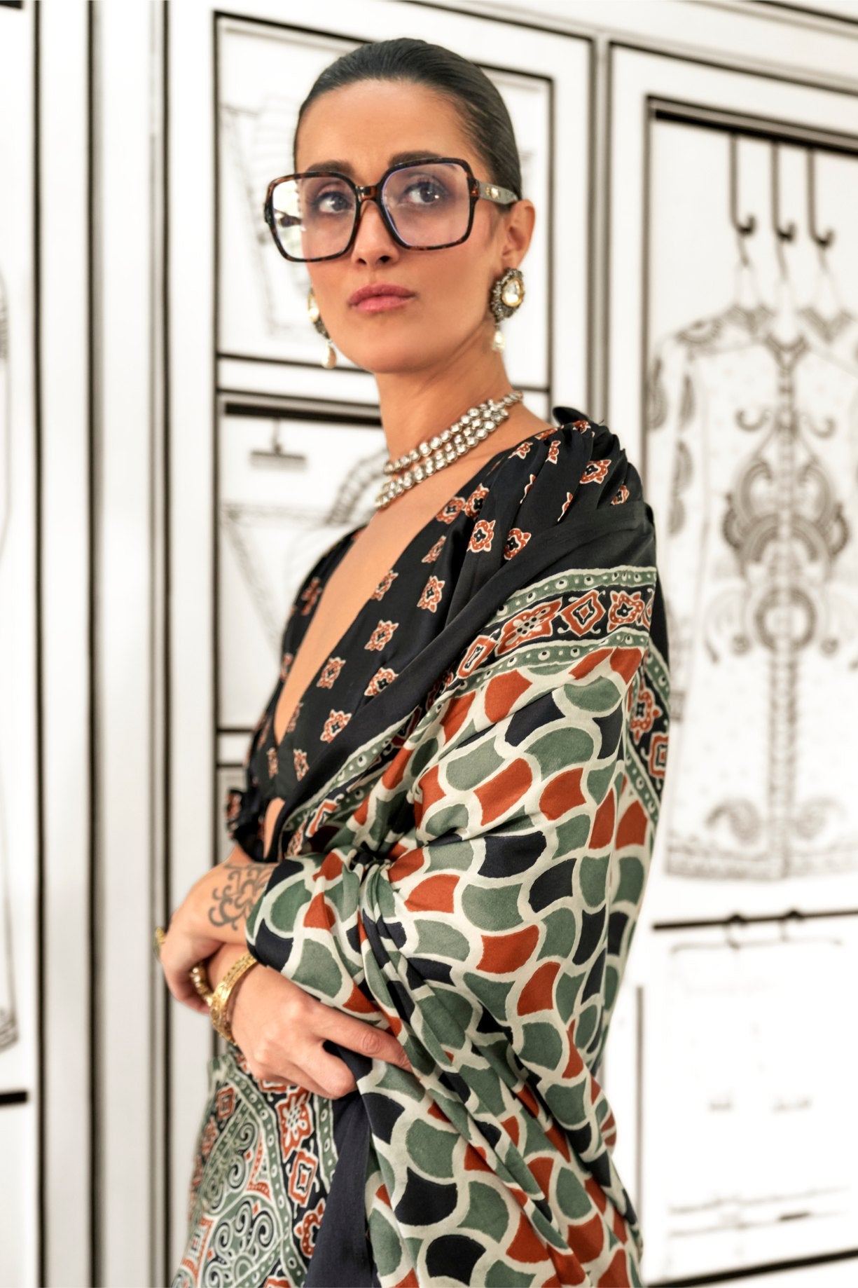 Buy MySilkLove Arrowtown Green and Black Printed Ajrakh Satin Crepe Saree Online