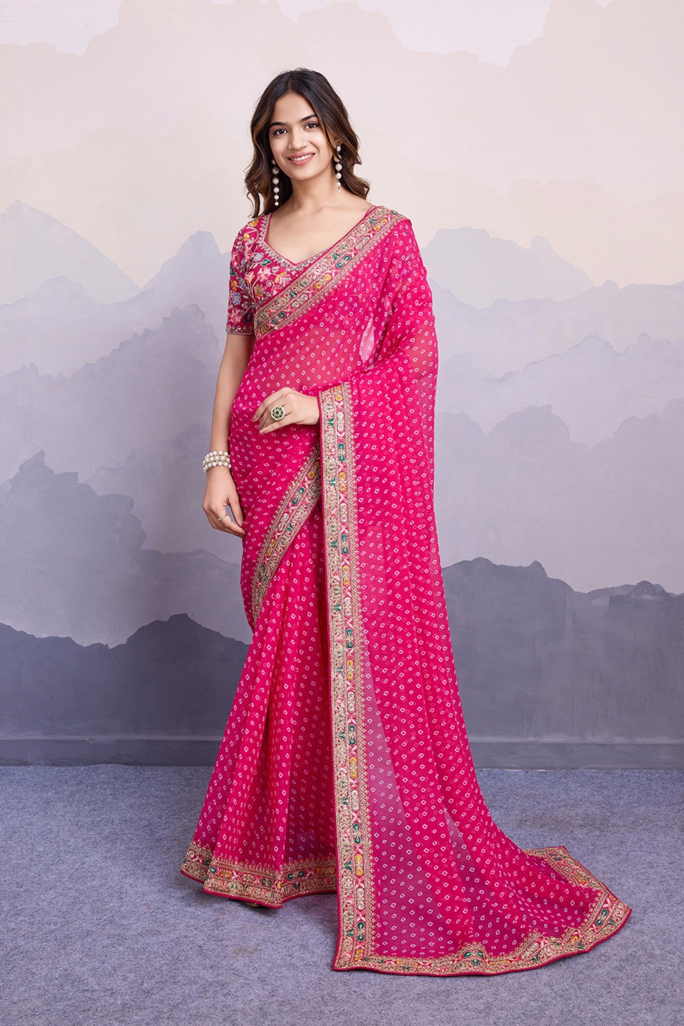 Buy MySilkLove Magenta Pink Bandhani Georgette Printed Partywear Saree Online