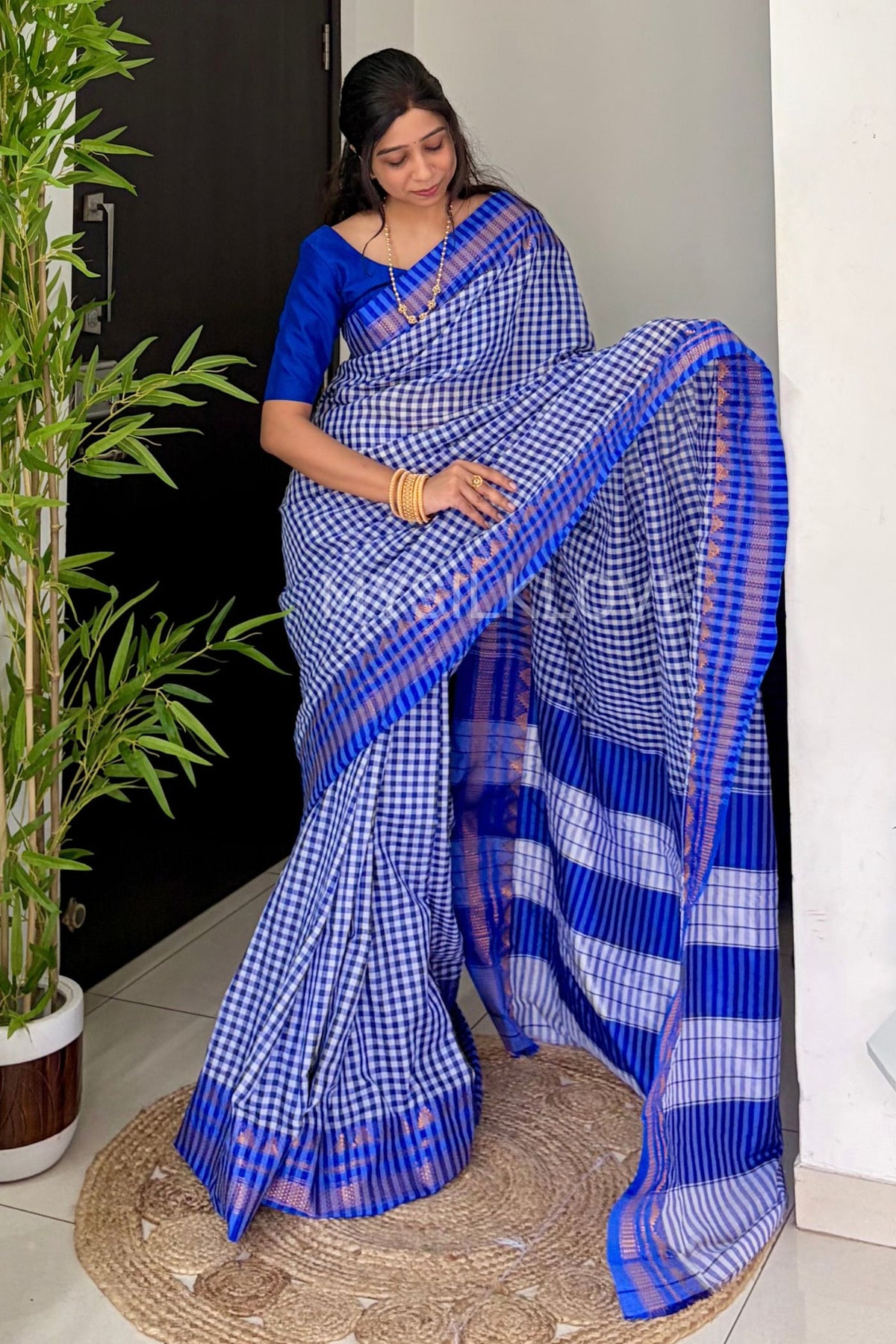 MySilkLove Regal Blue Soft Cotton Check Pattern Irkal Saree