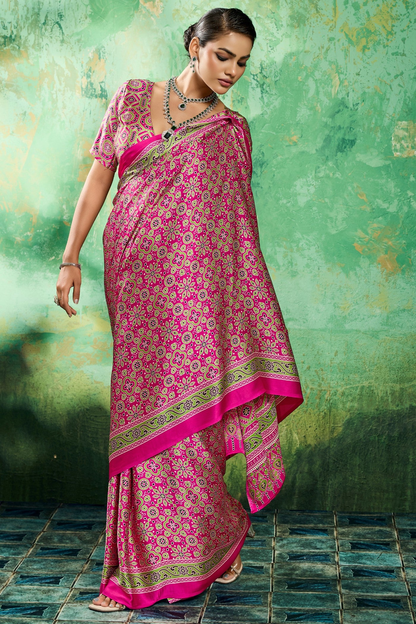 Buy MySilkLove Paradise Pink Modal Ajrakh Satin Printed Silk Saree Online