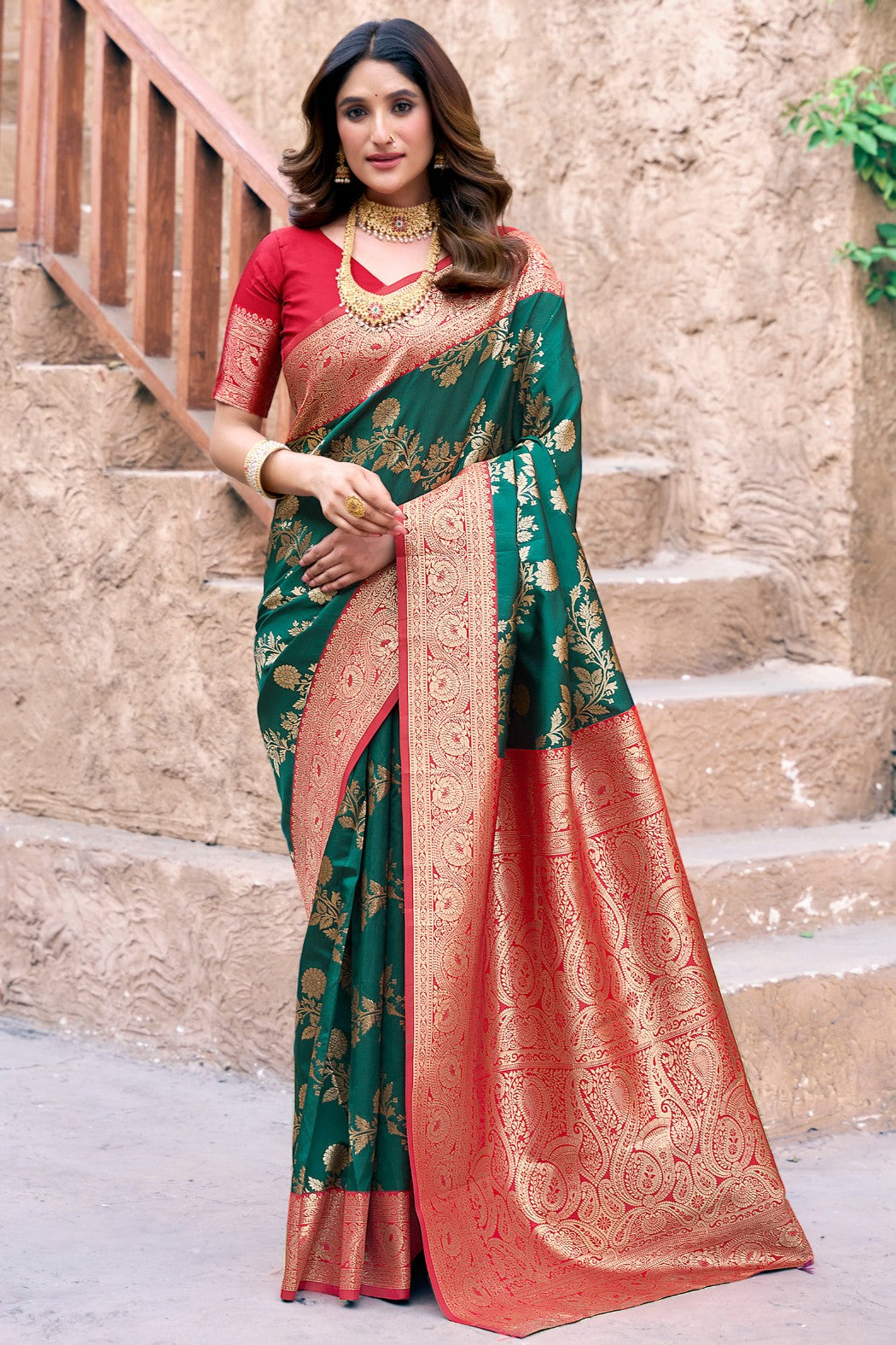Buy MySilkLove Viridian Green Woven Banarasi Soft Silk Saree Online