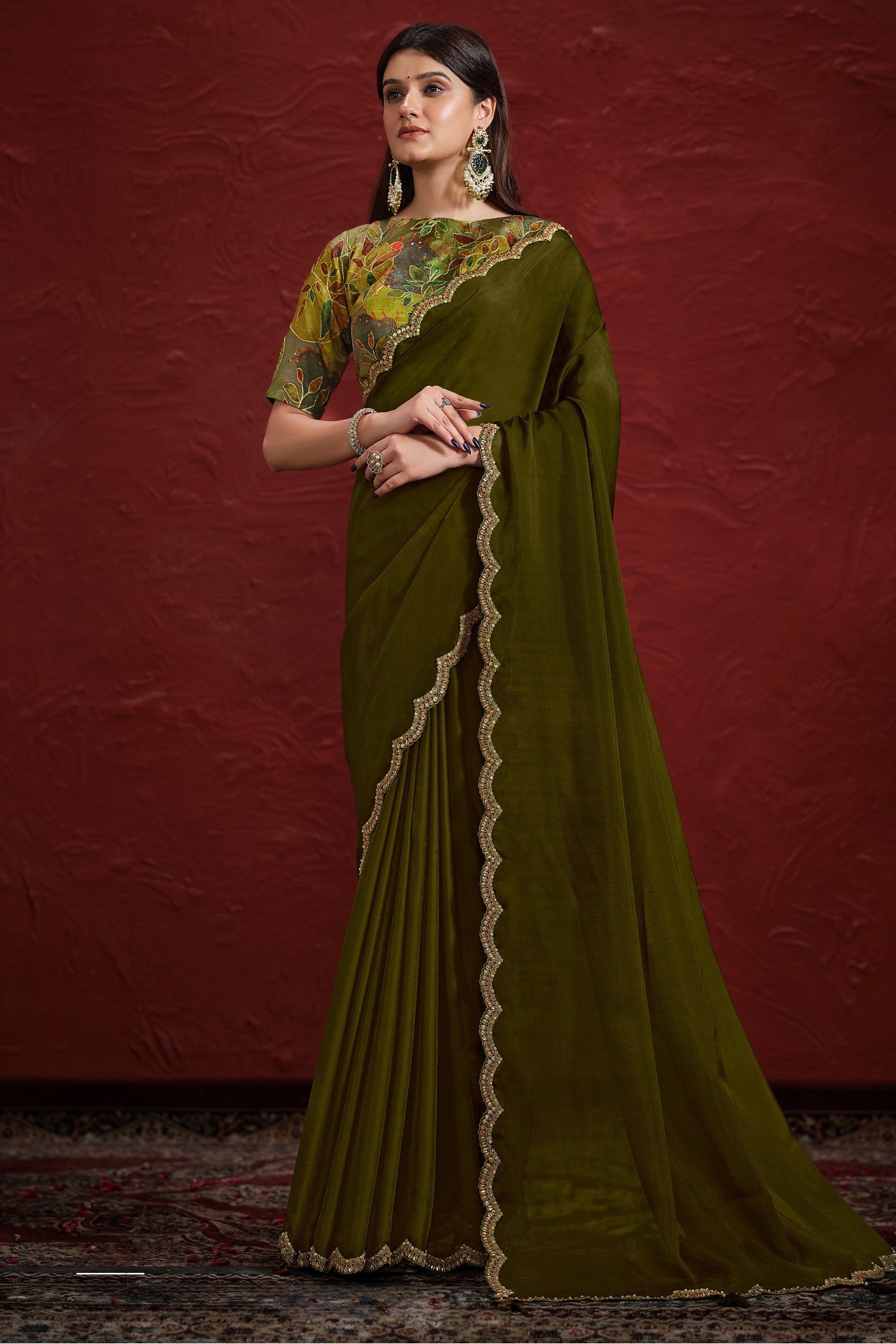 Buy MySilkLove Verdun Green Georgette Saree with Stitched Blouse Online