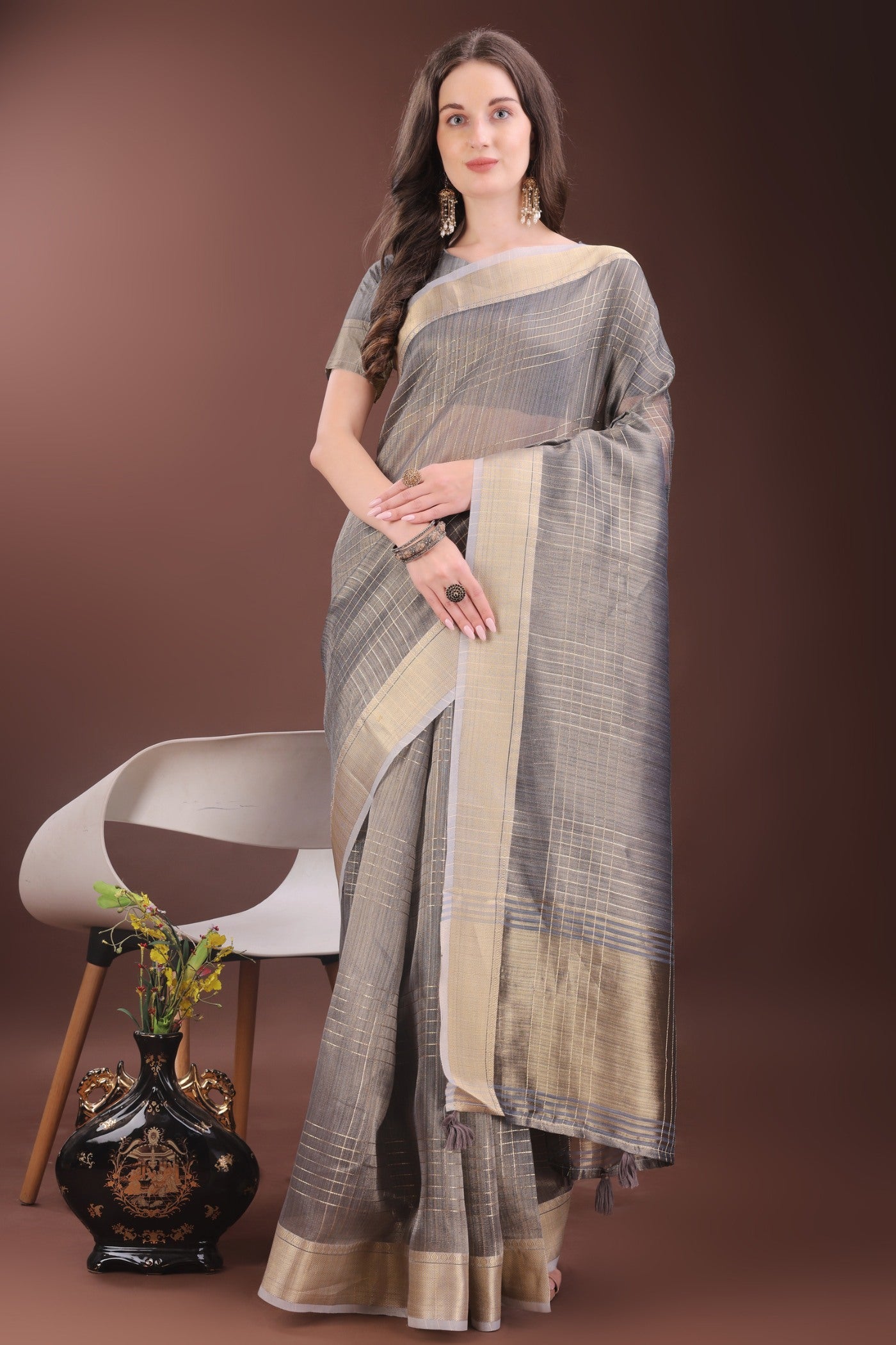 Buy MySilkLove Iron Grey Woven Organza Saree Online
