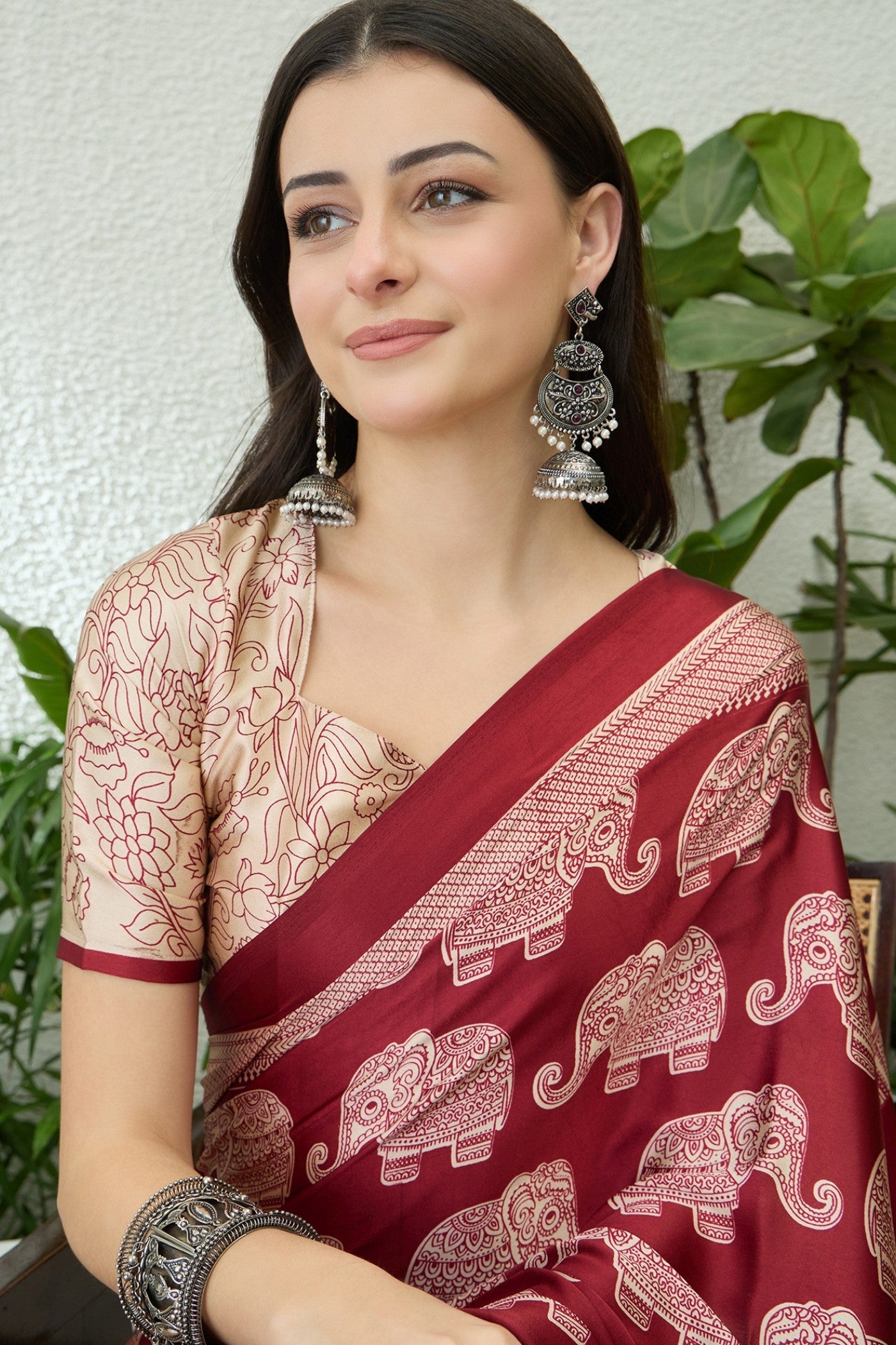 Buy MySilkLove Luxury Marron Ajrakh Printed Satin Crepe Silk Saree Online