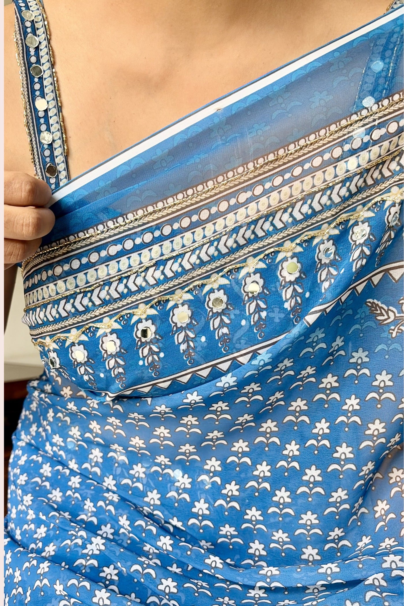 Buy MySilkLove Calypso Blue Ajrakh Georgette Printed Mirror Work Saree Online