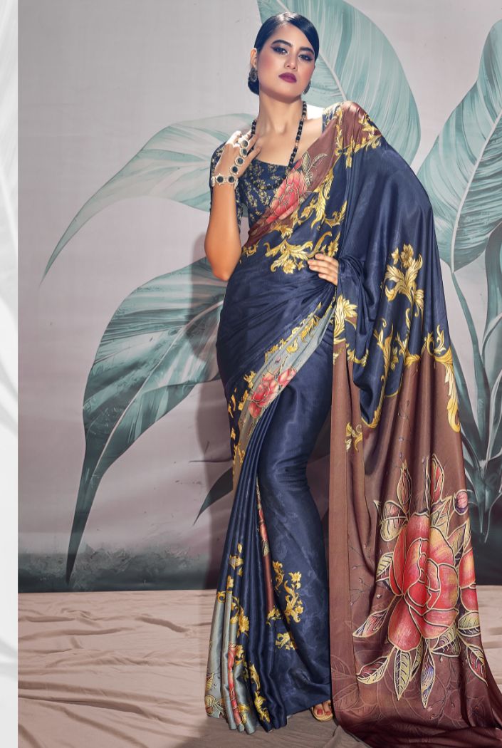 Buy MySilkLove Cloudy Blue Printed Satin Silk Saree Online