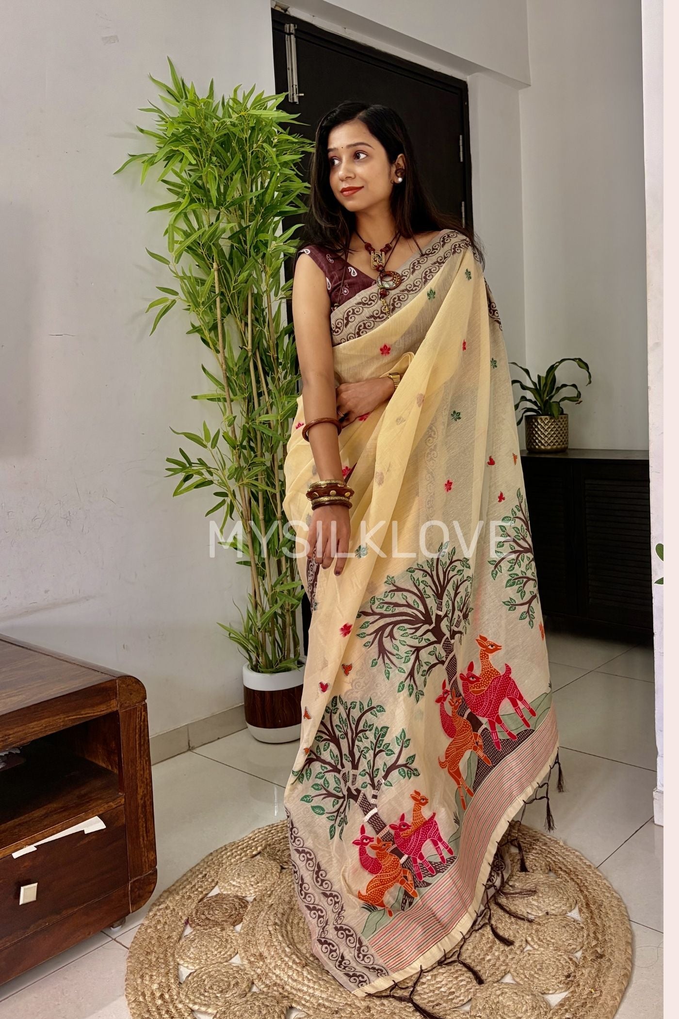 Buy MySilkLove Brandy Handloom Muga Cotton Saree Online