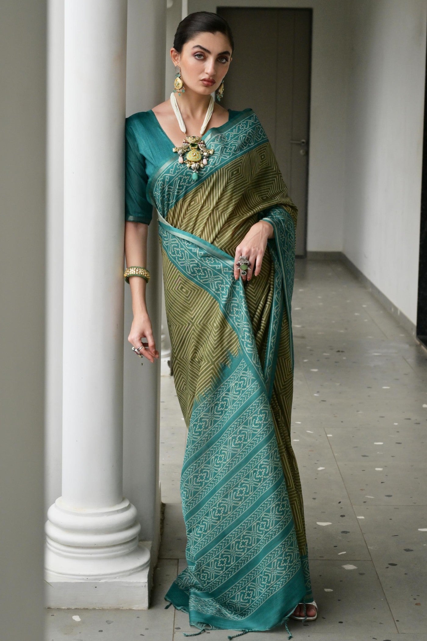 Buy MySilkLove Verdun Green and Blue Printed Tussar Silk Saree Online