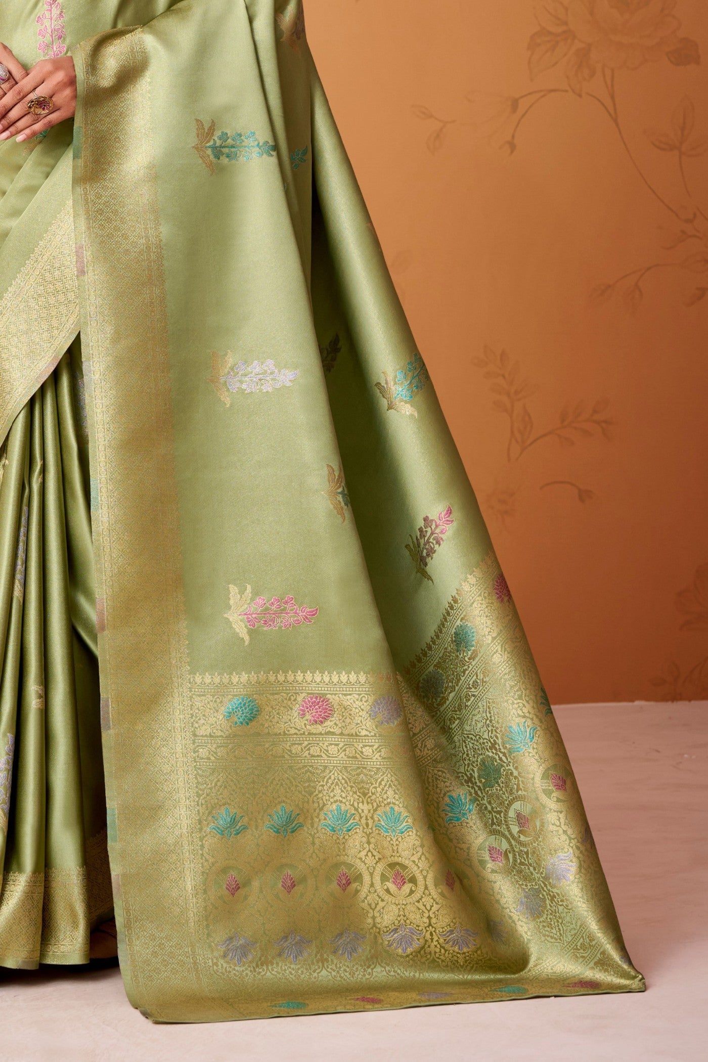 Buy MySilkLove Aquamarine Green Handloom Satin Silk Saree Online