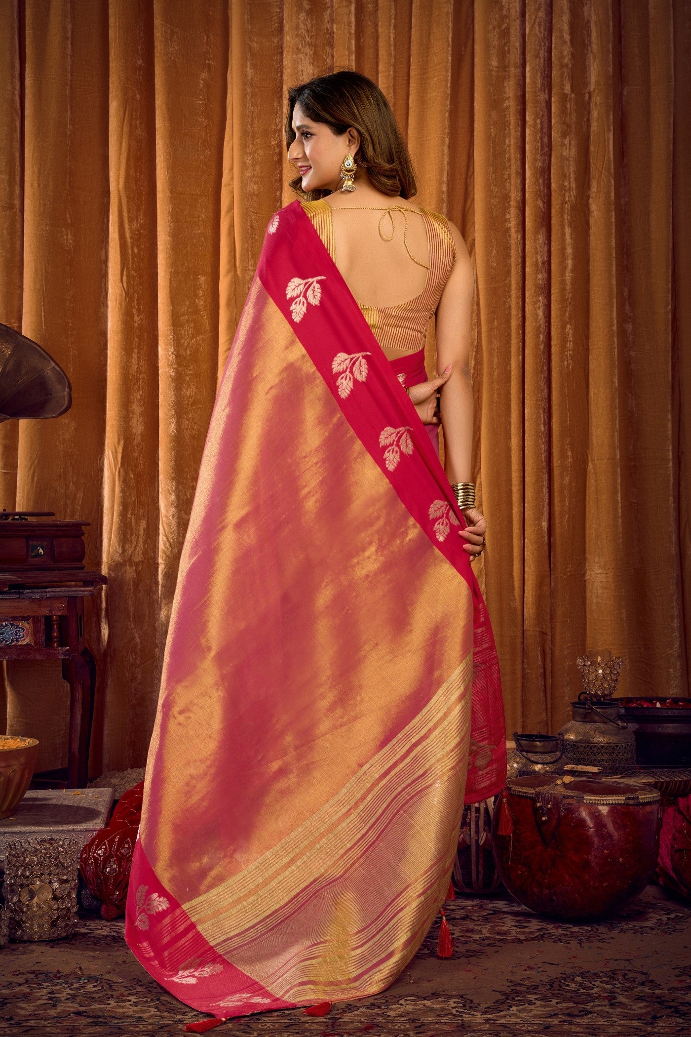Buy MySilkLove Shiney Peach Woven Tissue Saree Online