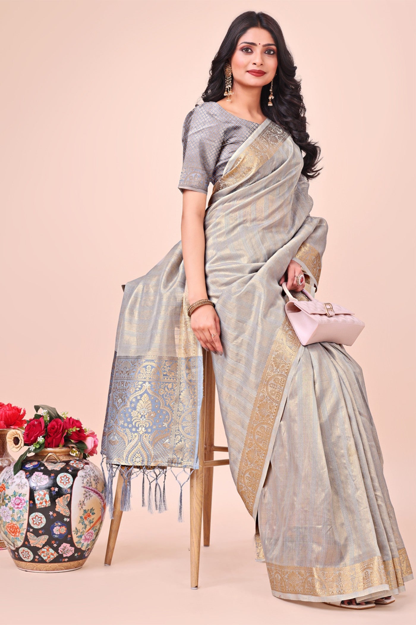 Buy MySilkLove Nickel Grey Woven Organza Saree Online