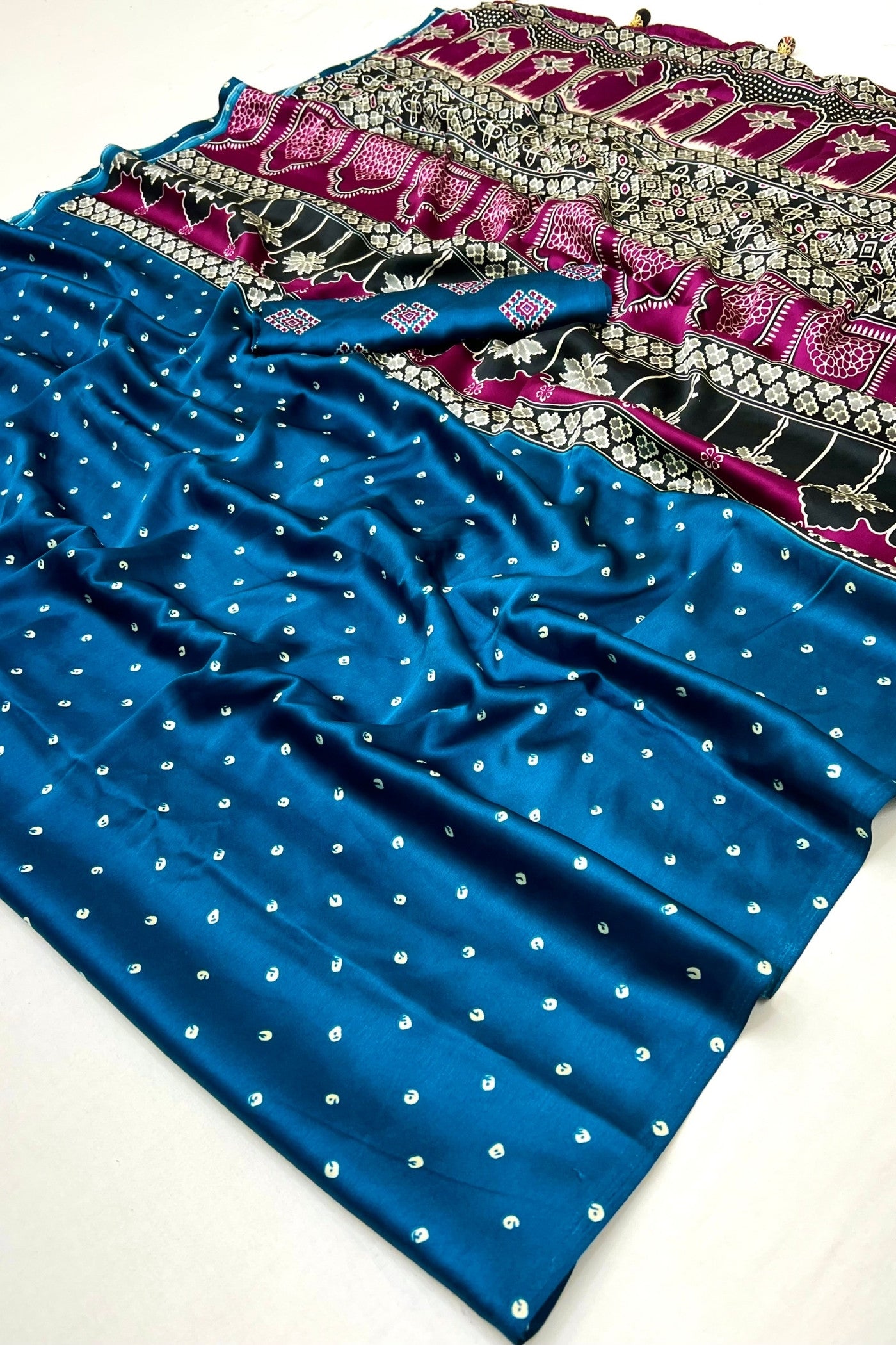 Buy MySilkLove Savoy Blue Ajrakh Printed Satin Crepe Silk Saree Online