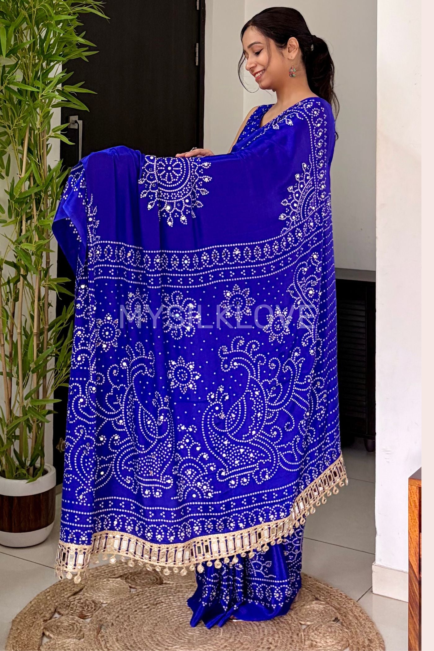 Buy MySilkLove Prussian Blue Bandhani Gaji Satin Mirror Work Silk Crepe Saree Online