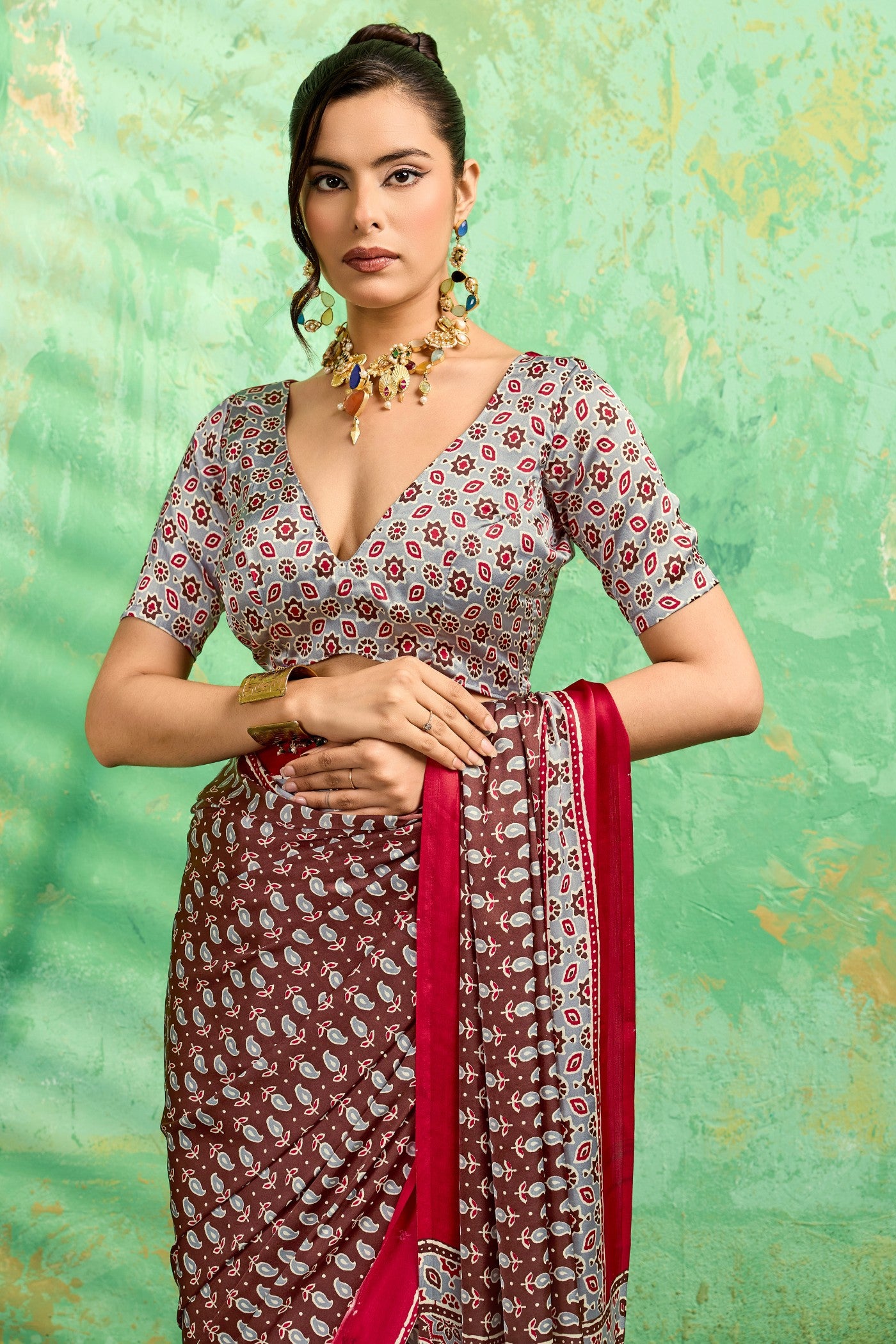 Buy MySilkLove Wine Maroon Modal Ajrakh Satin Printed Silk Saree Online