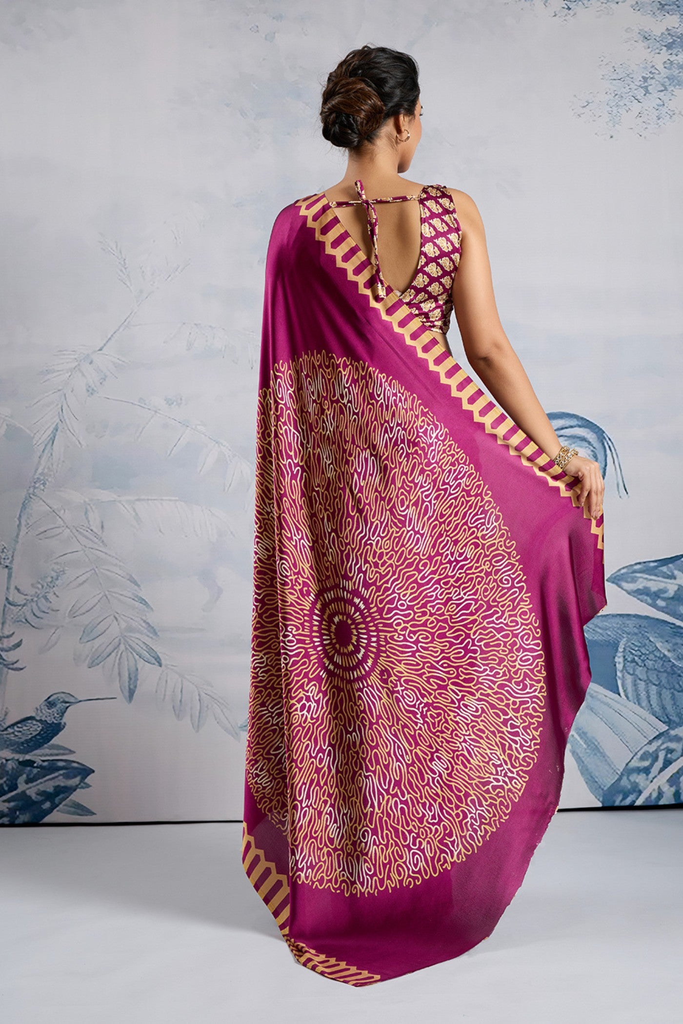 Buy MySilkLove Inked Plum Purple Printed Satin Crepe Silk Saree Online