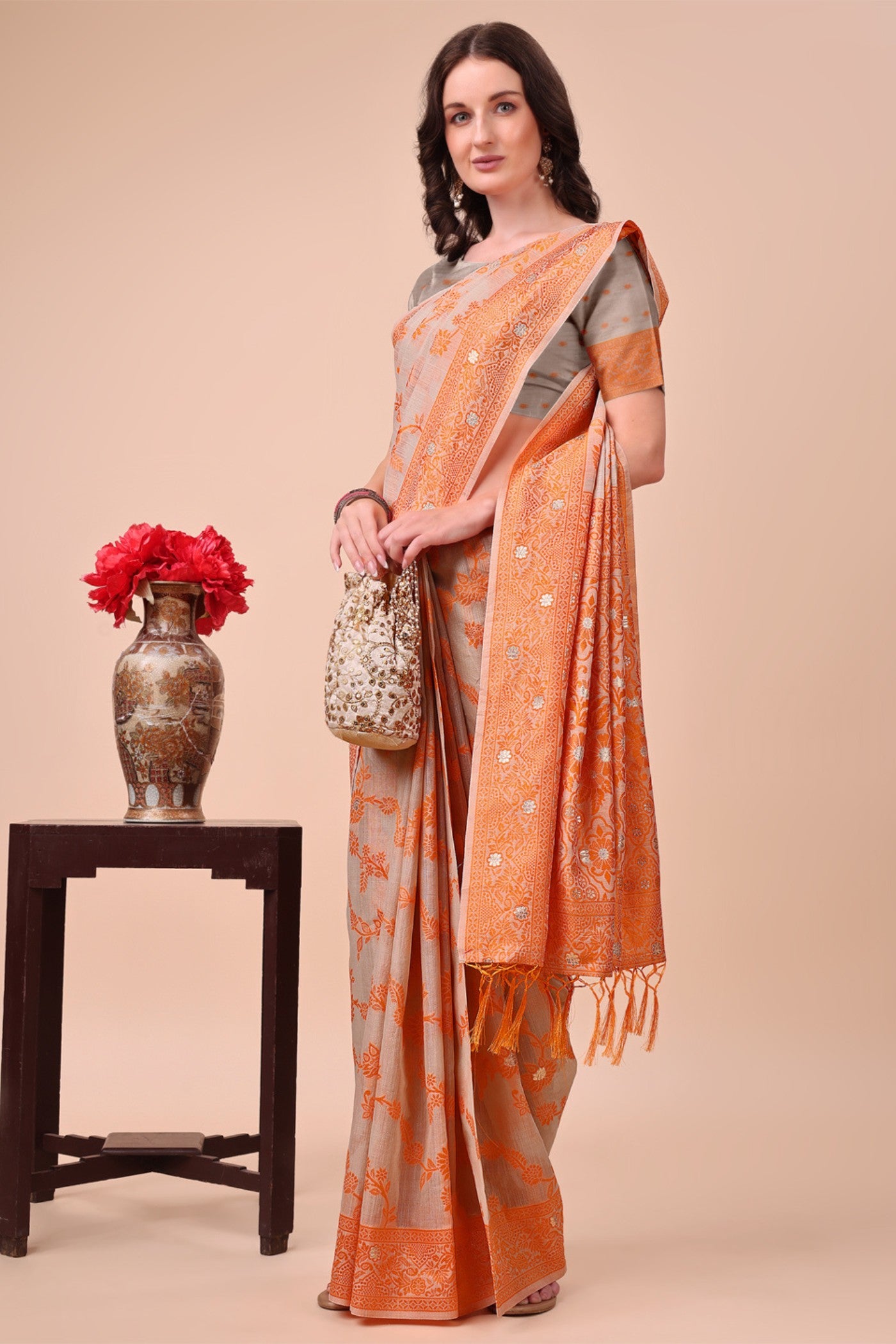 Buy MySilkLove Squash Orange Woven Cotton Saree Online