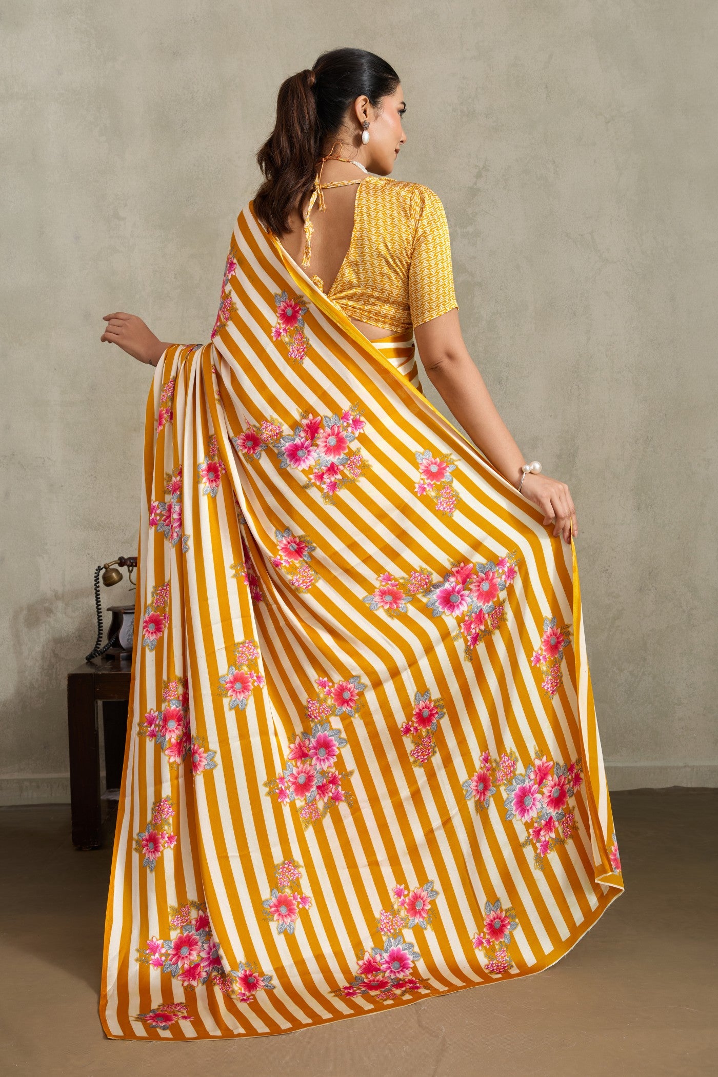Buy MySilkLove Cyber Yellow Ajrakh Printed Satin Crepe Silk Saree Online