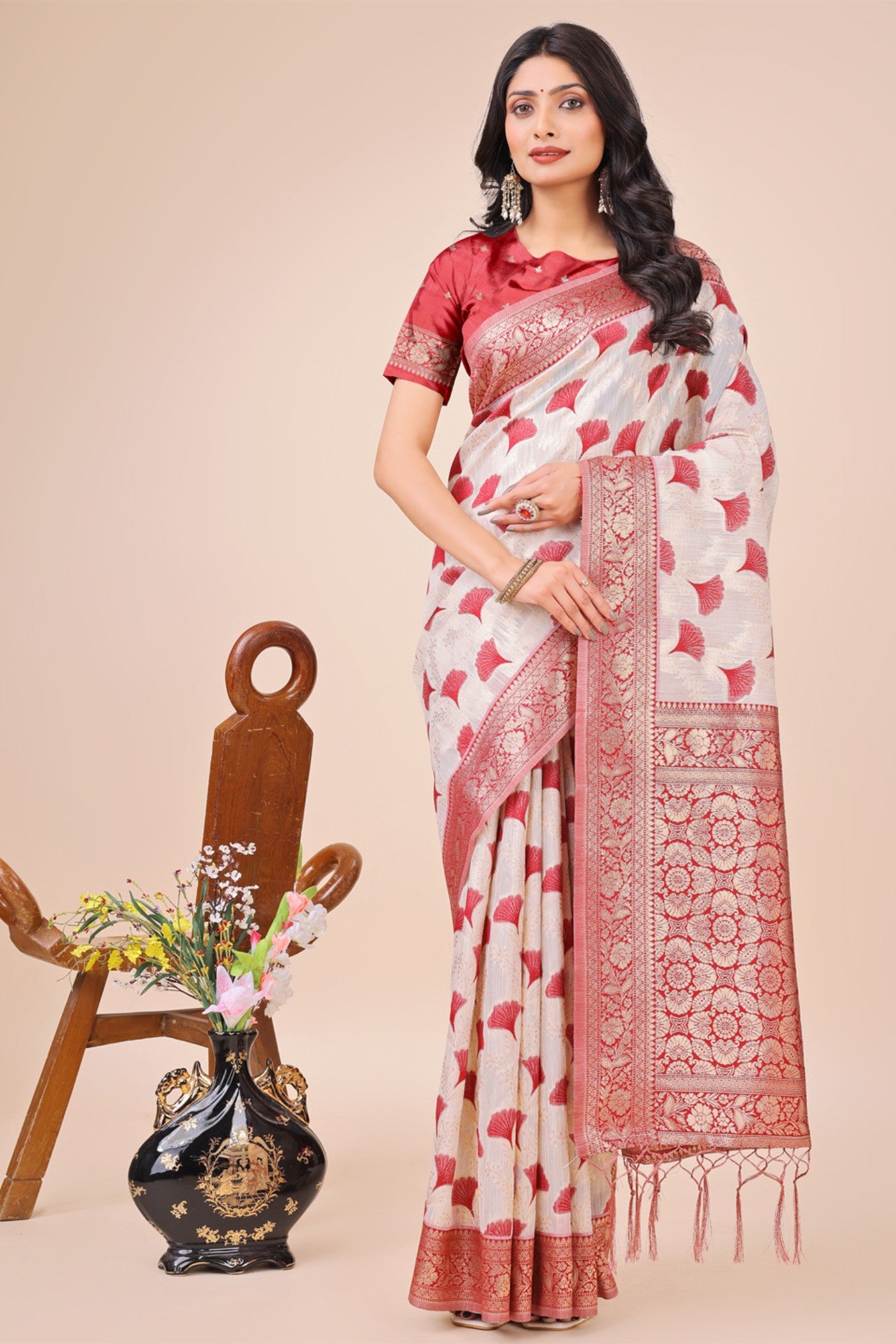 Buy MySilkLove Salt White and Red Linen Cotton Saree Online