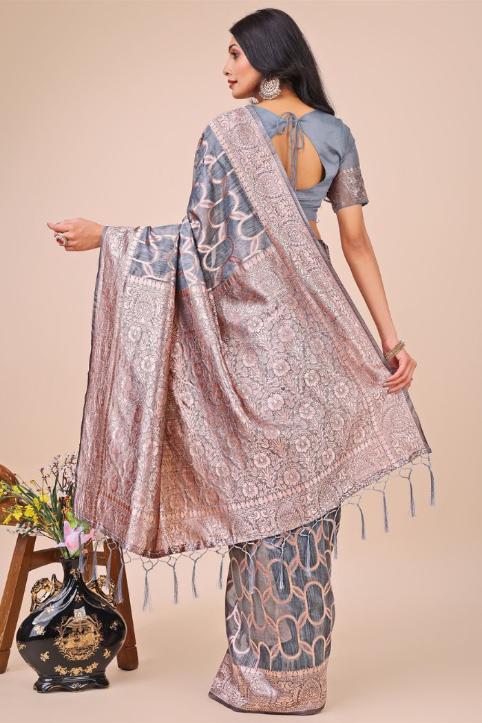 Buy MySilkLove Nevada Grey Linen Cotton Saree Online