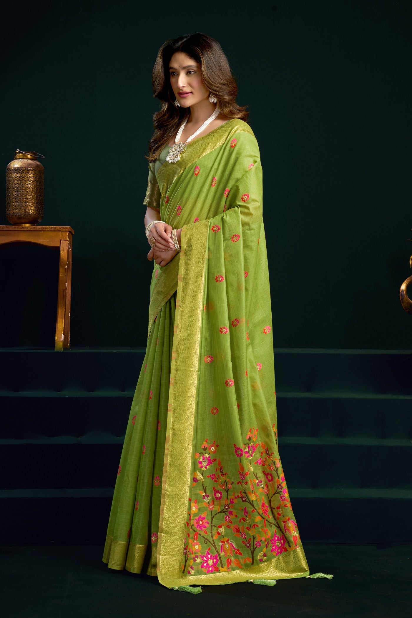 Buy MySilkLove Artichoke Green Handloom Muga Cotton Saree Online