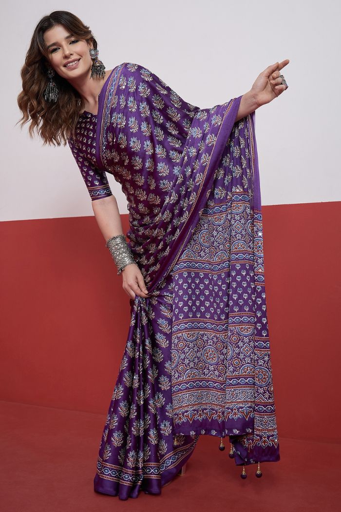 Buy MySilkLove Amethyst Purple Modal Ajrakh Satin Printed Mirror Work Saree Online
