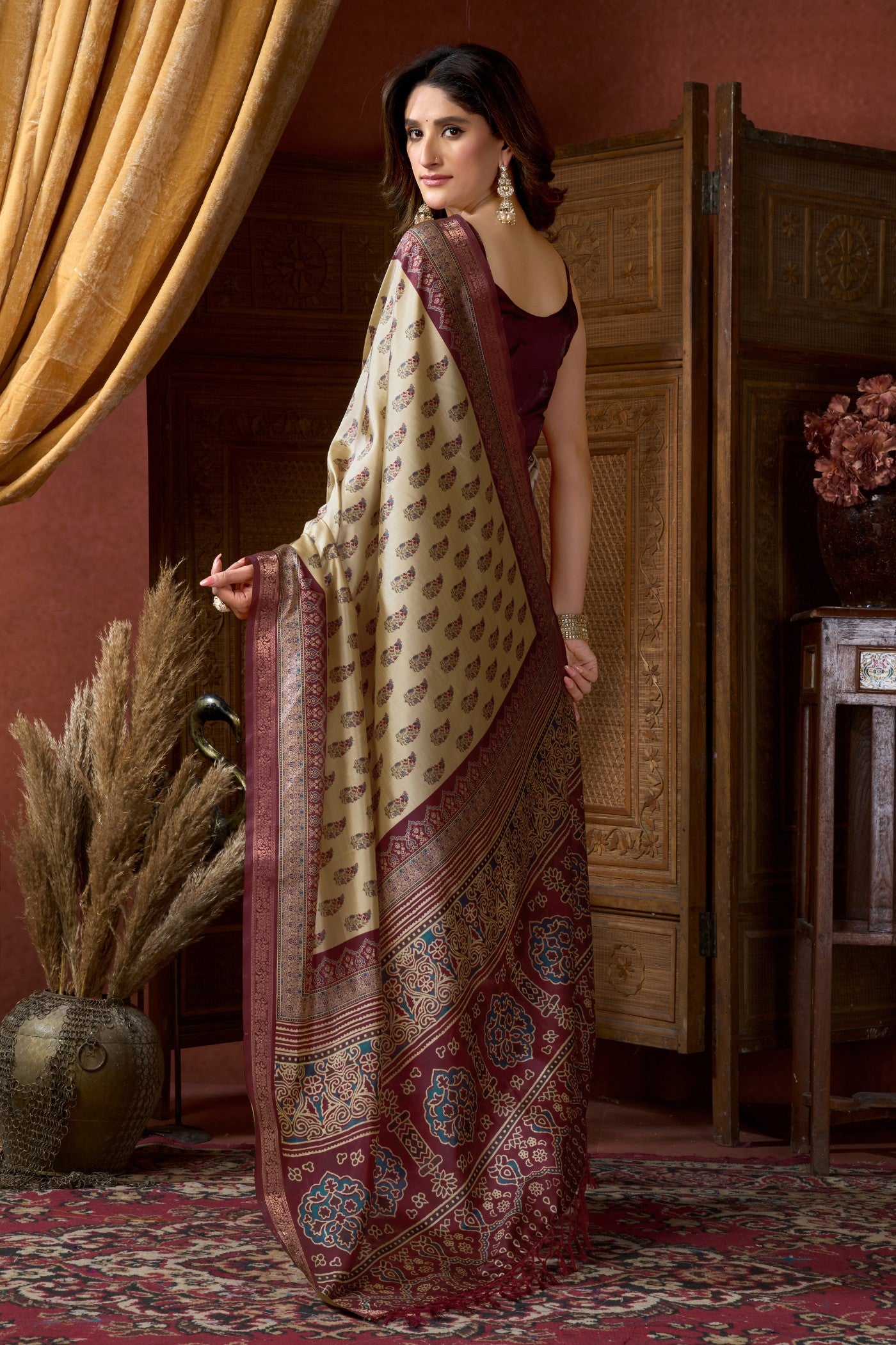 Buy MySilkLove Ancient Cream Ajrakh Printed Saree Online