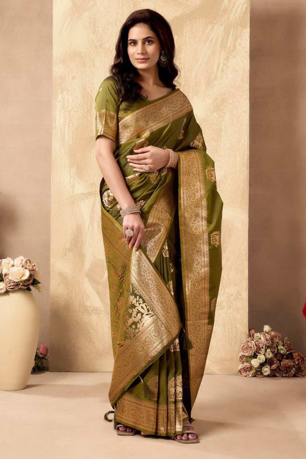 Buy MySilkLove olive Green Woven Banarasi Soft Silk Saree Online