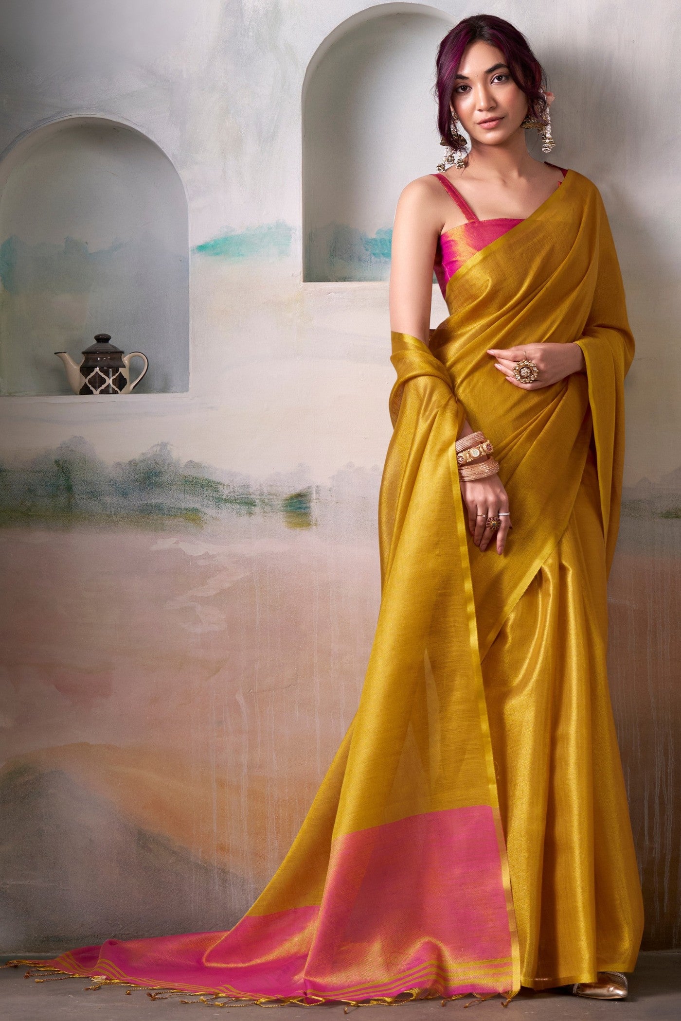 Buy MySilkLove Aureolin Yellow Handloom Tissue Saree Online