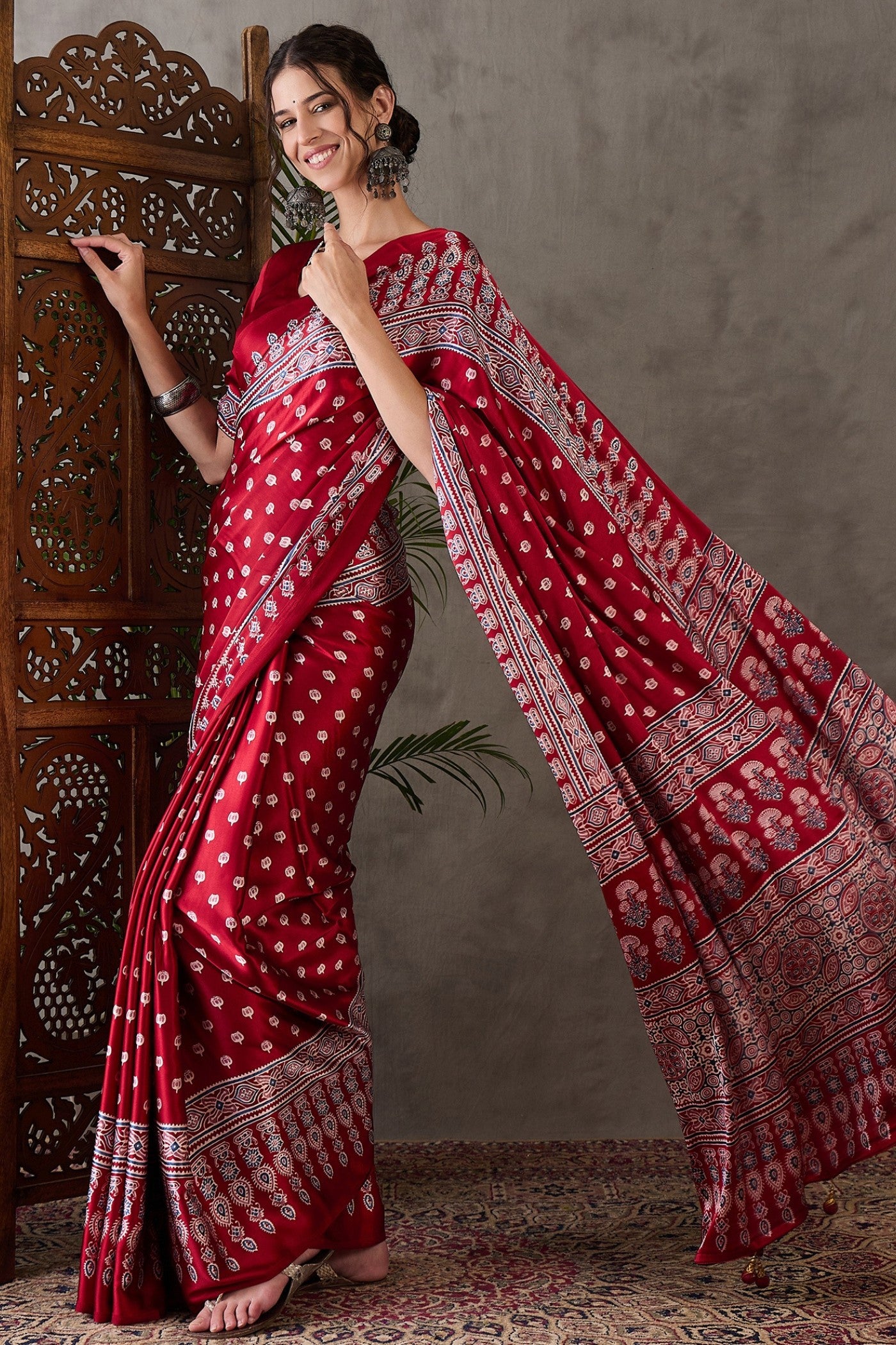 Buy MySilkLove Dark Rose Red Printed Satin Gaji Silk Saree Online