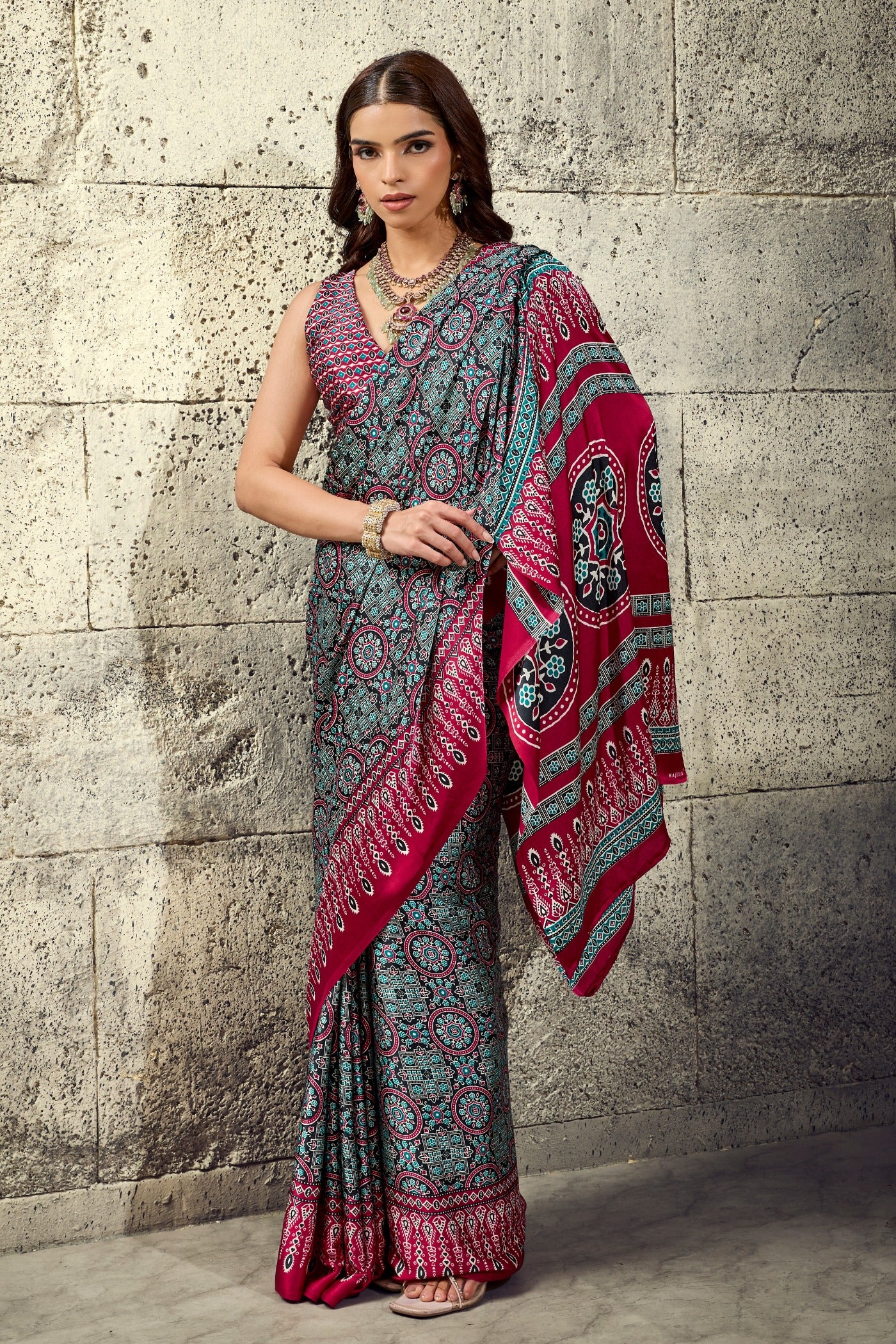 Buy MySilkLove Navy Blue and Maroon Modal Ajrakh Satin Printed Silk Saree Online