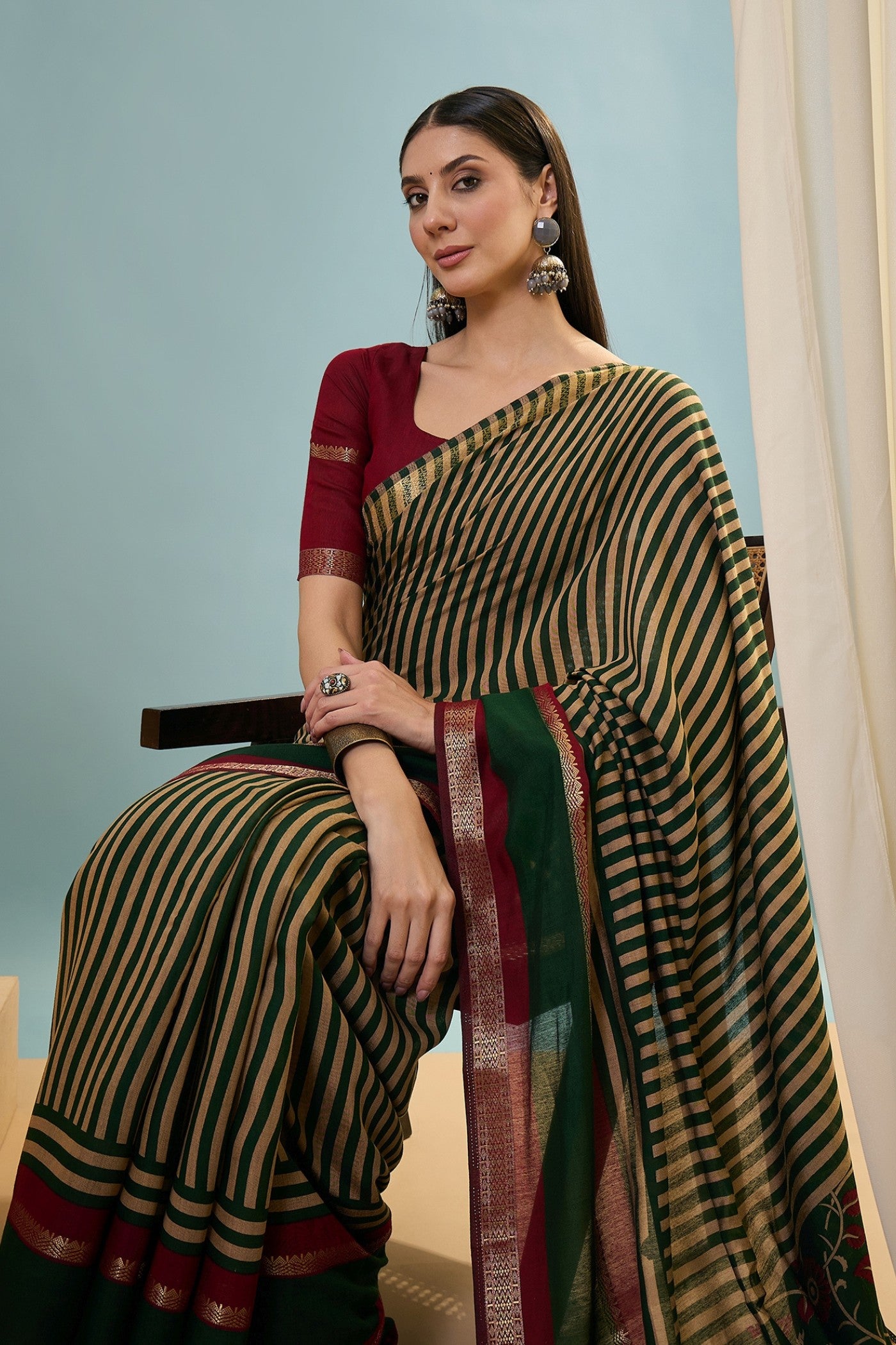 MySilkLove Army Green Woven Cotton Saree