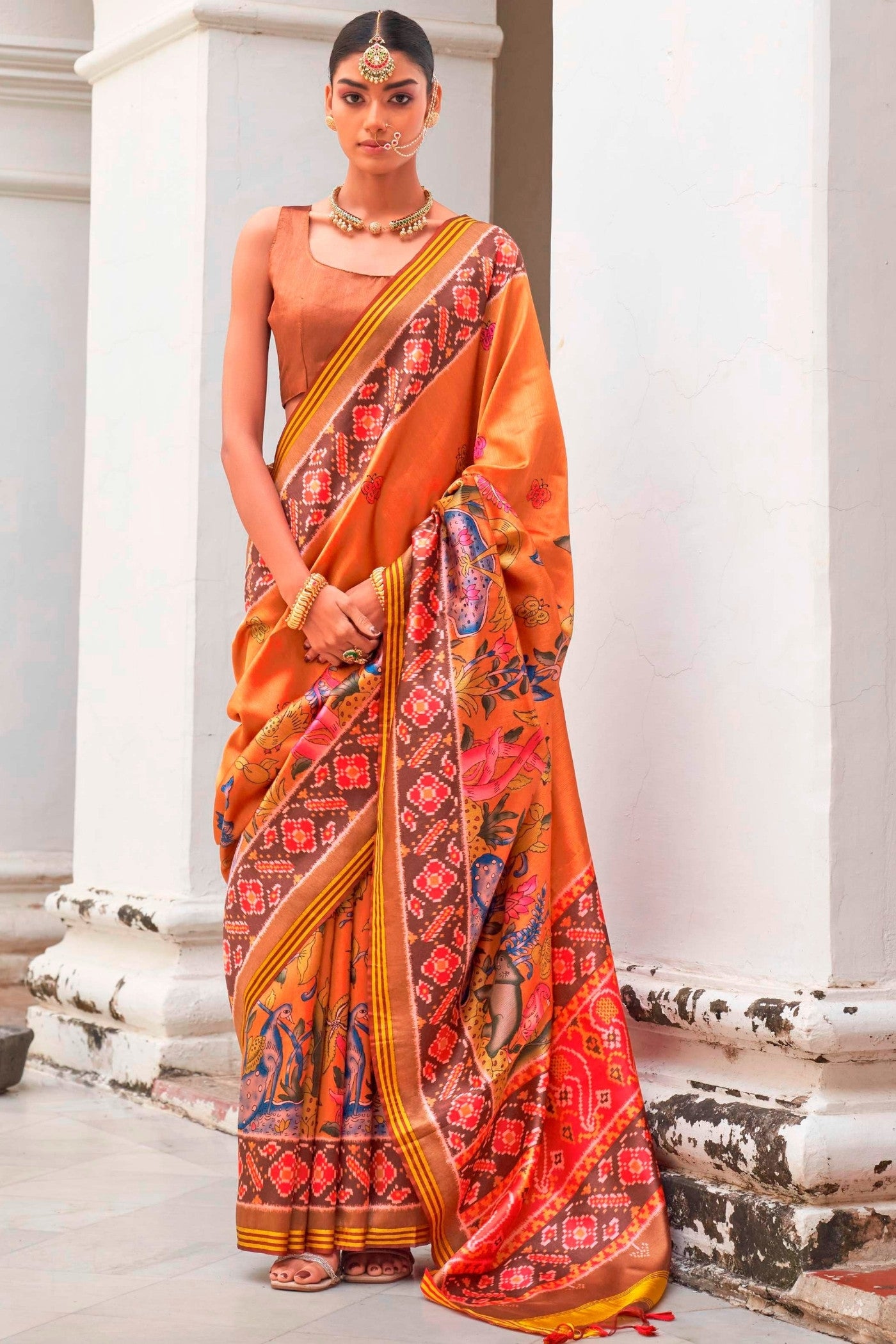 Buy MySilkLove Pumpkin Orange Printed Patola Saree Online