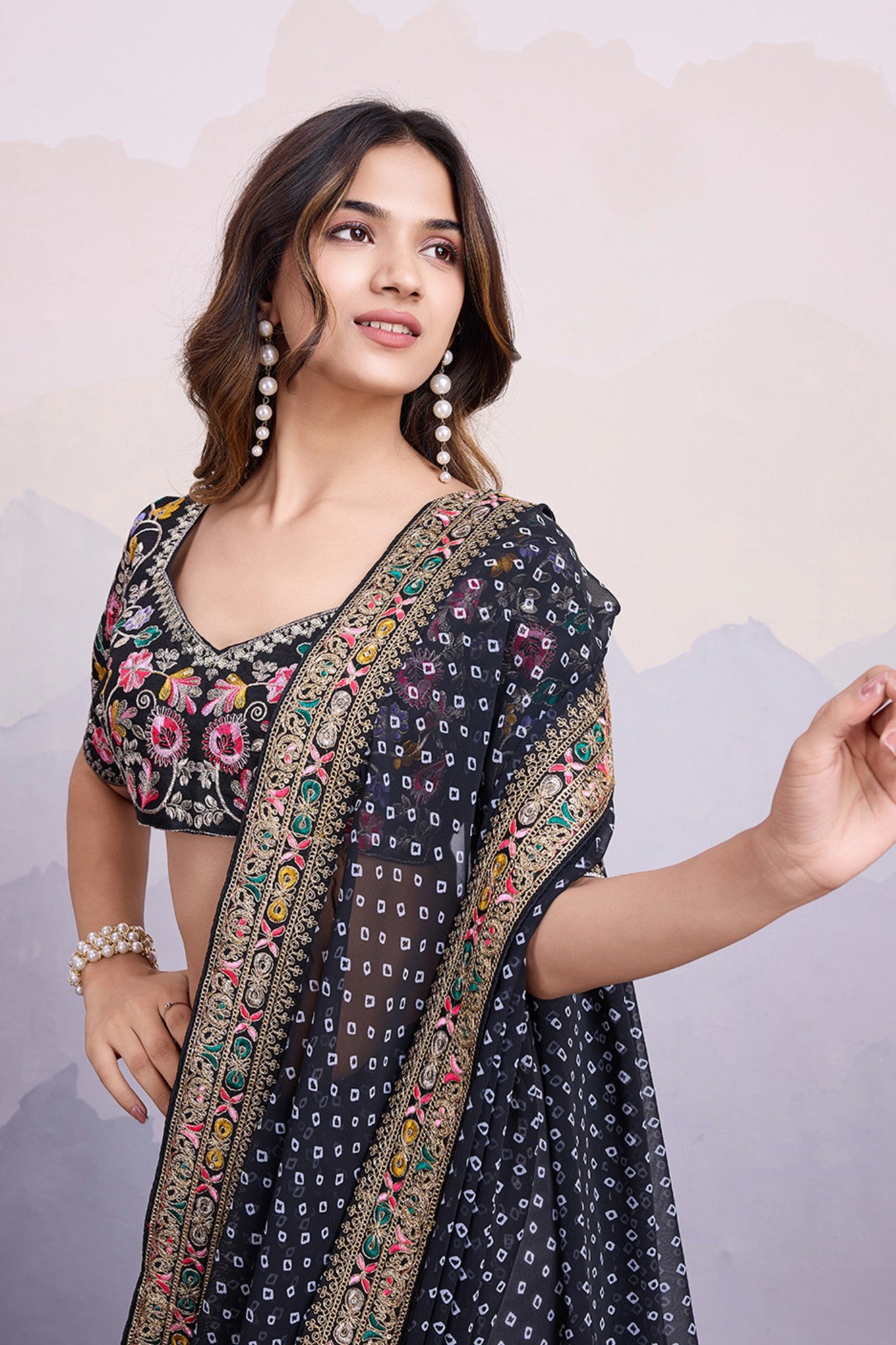 Buy MySilkLove Black Raisins Bandhani Georgette Printed Partywear Saree Online
