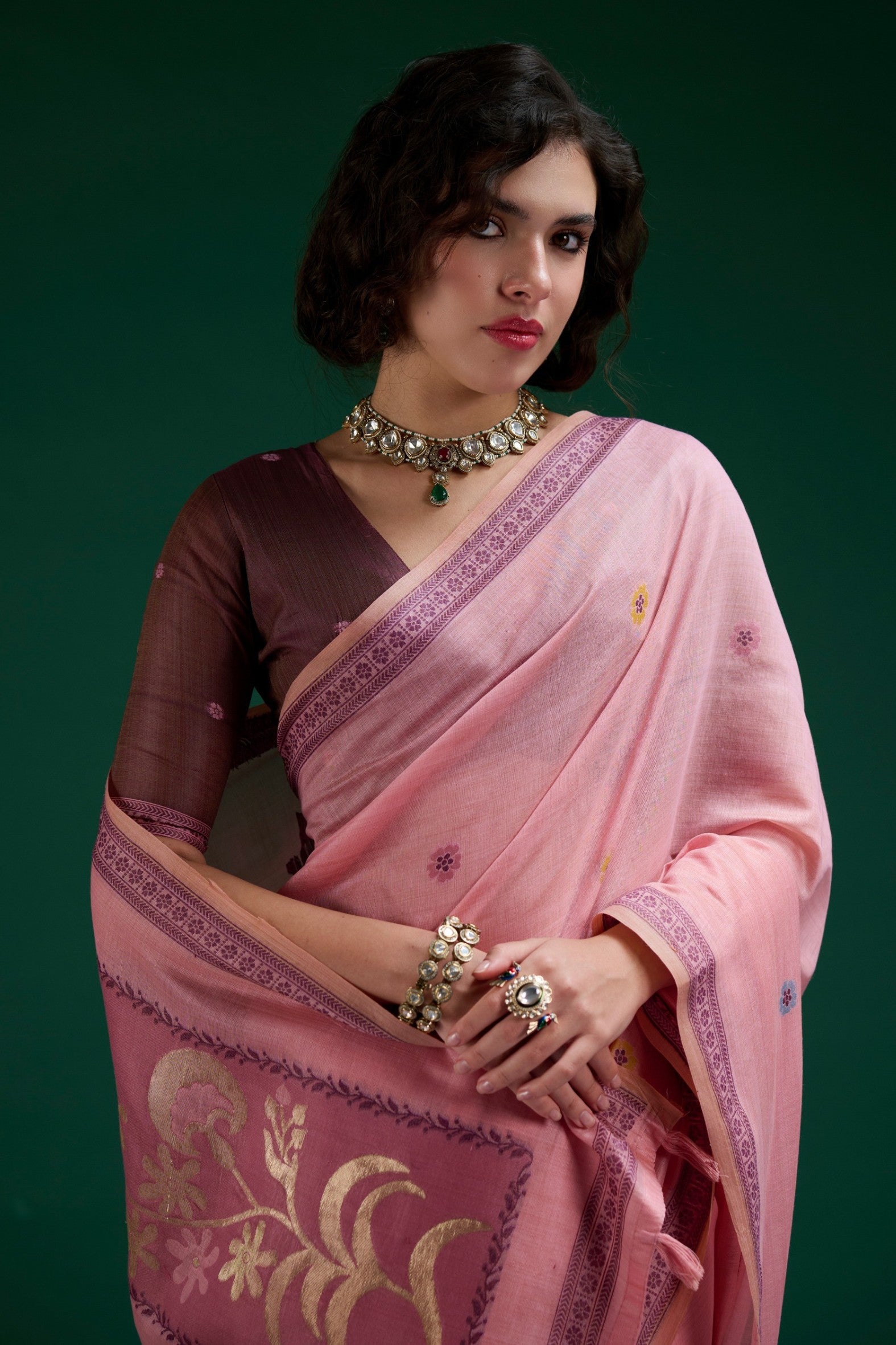 Buy MySilkLove Fervent Pink Jamdani Woven Muga Cotton Saree Online