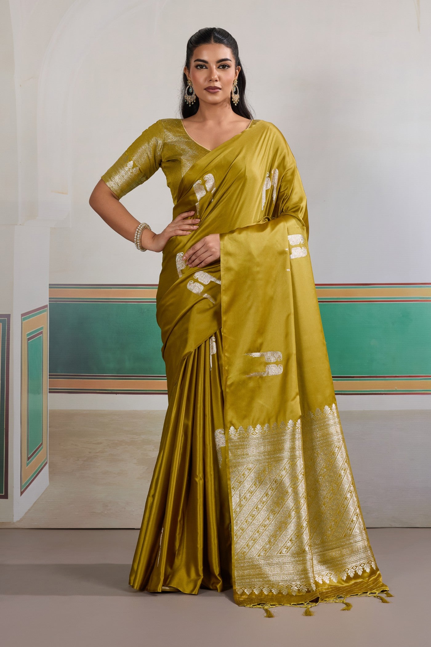 Buy MySilkLove Olive Green Handloom Satin Soft Silk Saree Online