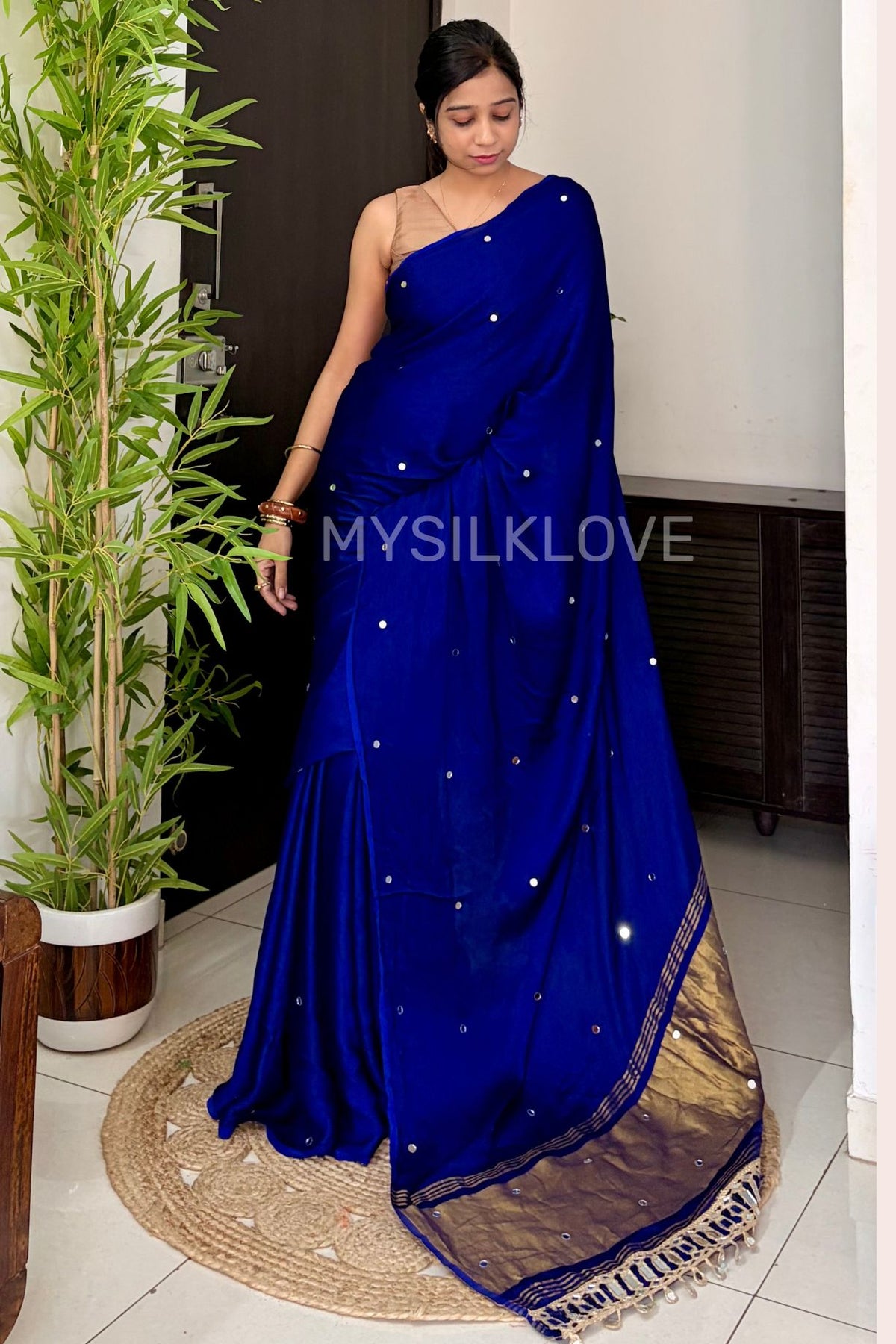 Buy MySilkLove Lapis Blue Pure Gajji Modal Silk Mirror Work Saree with Lagdi Zari Pallu Online