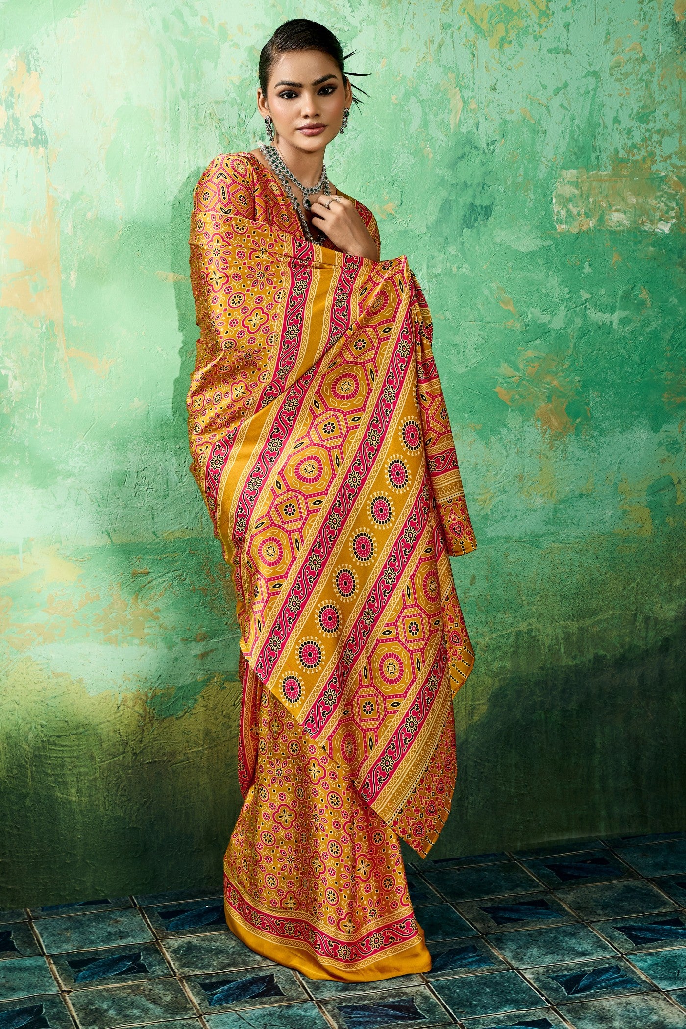 Buy MySilkLove Citrus Spark Yellow Modal Ajrakh Satin Printed Silk Saree Online