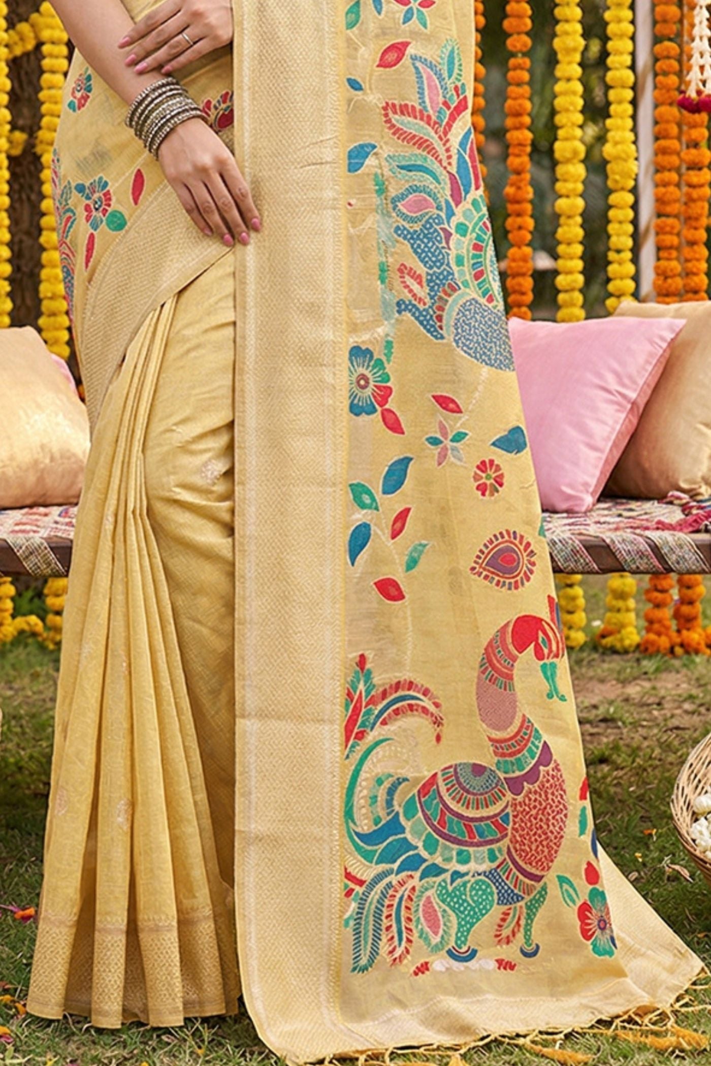 Buy MySilkLove Lemon Yellow Woven Linen Cotton Saree Online