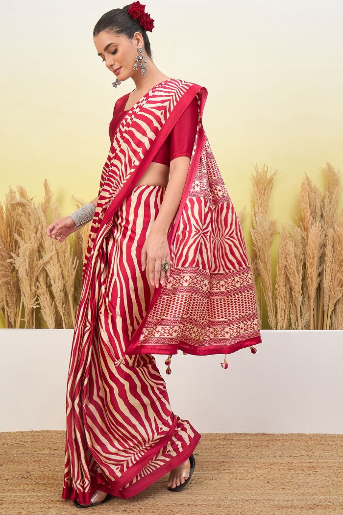 Buy MySilkLove Wine Red Modal Ajrakh Satin Printed Silk Saree Online