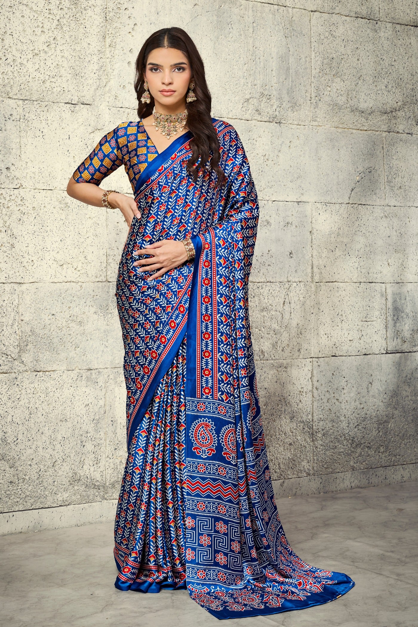 Buy MySilkLove Electric Blue Modal Ajrakh Satin Printed Silk Saree Online