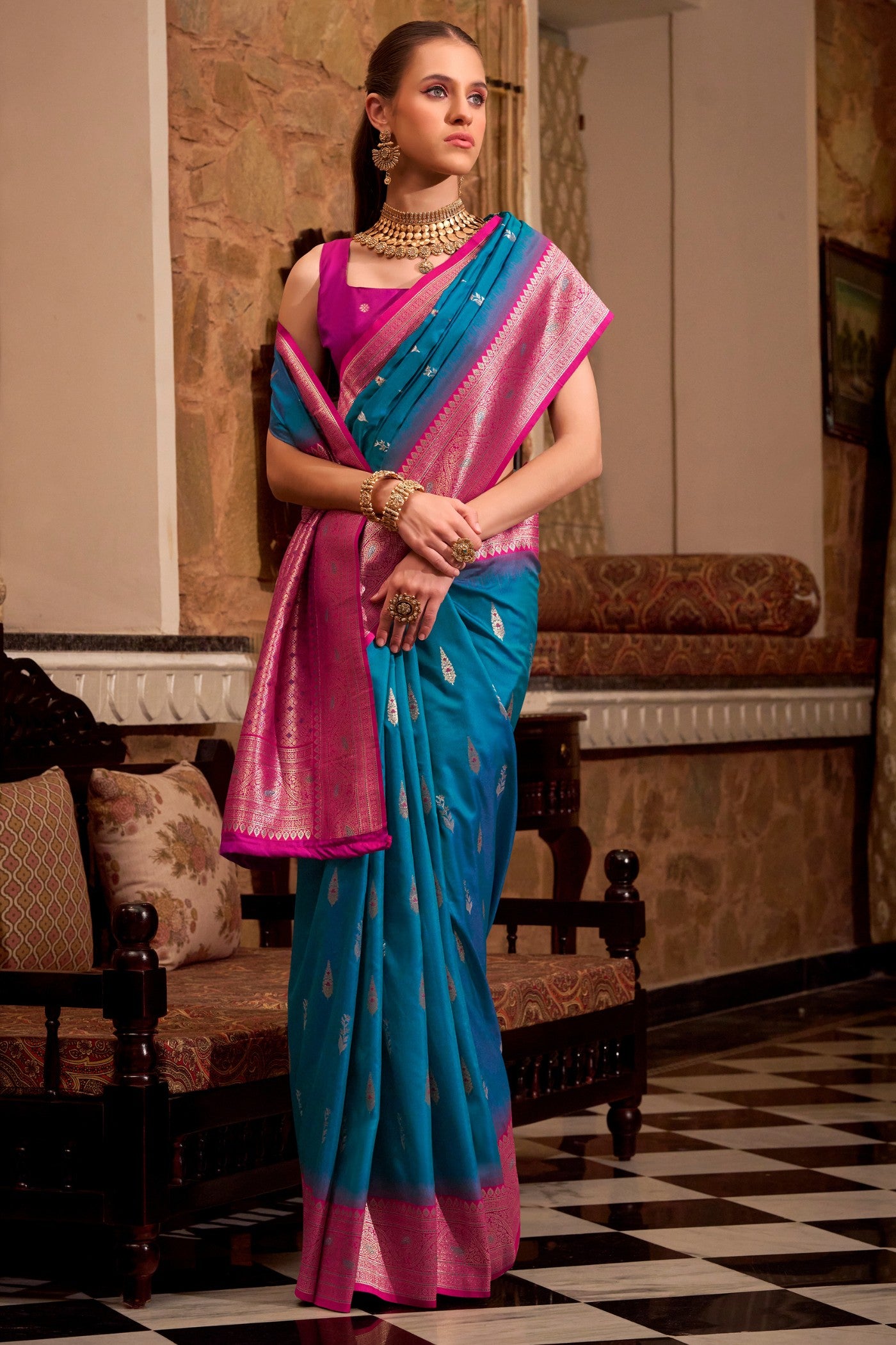 Buy MySilkLove Neon Blue Woven Banarsi Saree Online
