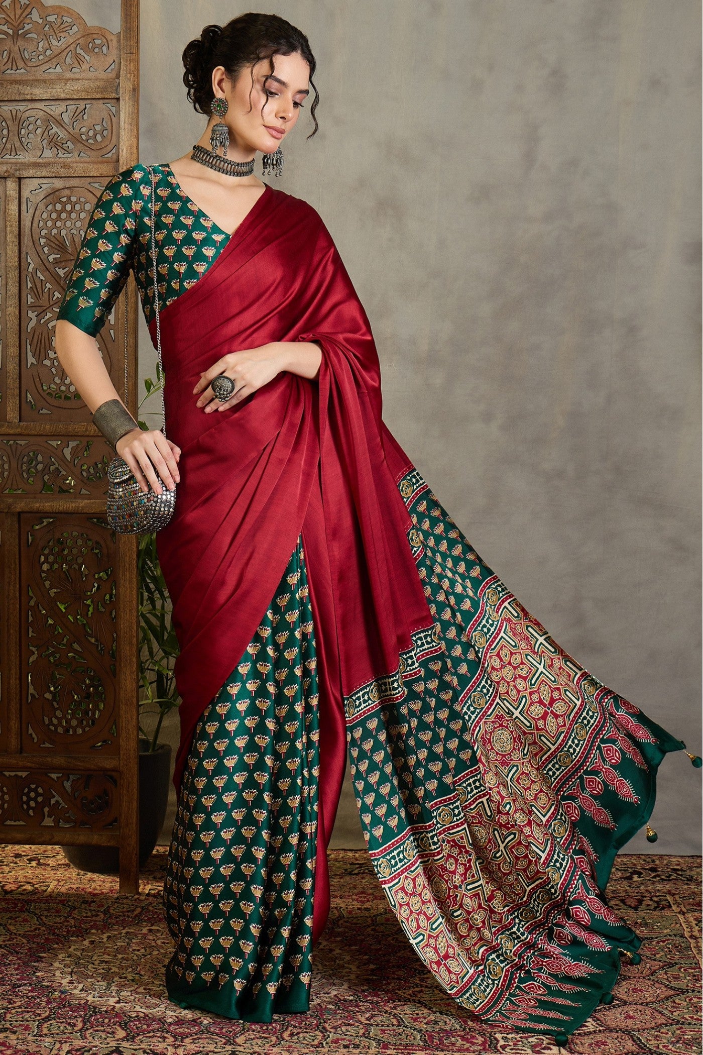 Buy MySilkLove Fire Red and Green Ajrakh Printed Satin Crepe Silk Saree Online