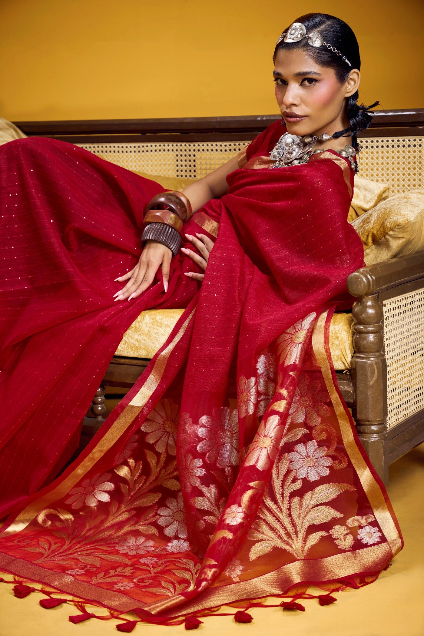 Buy MySilkLove Imperial Red Munga Handloom Cotton Saree Online