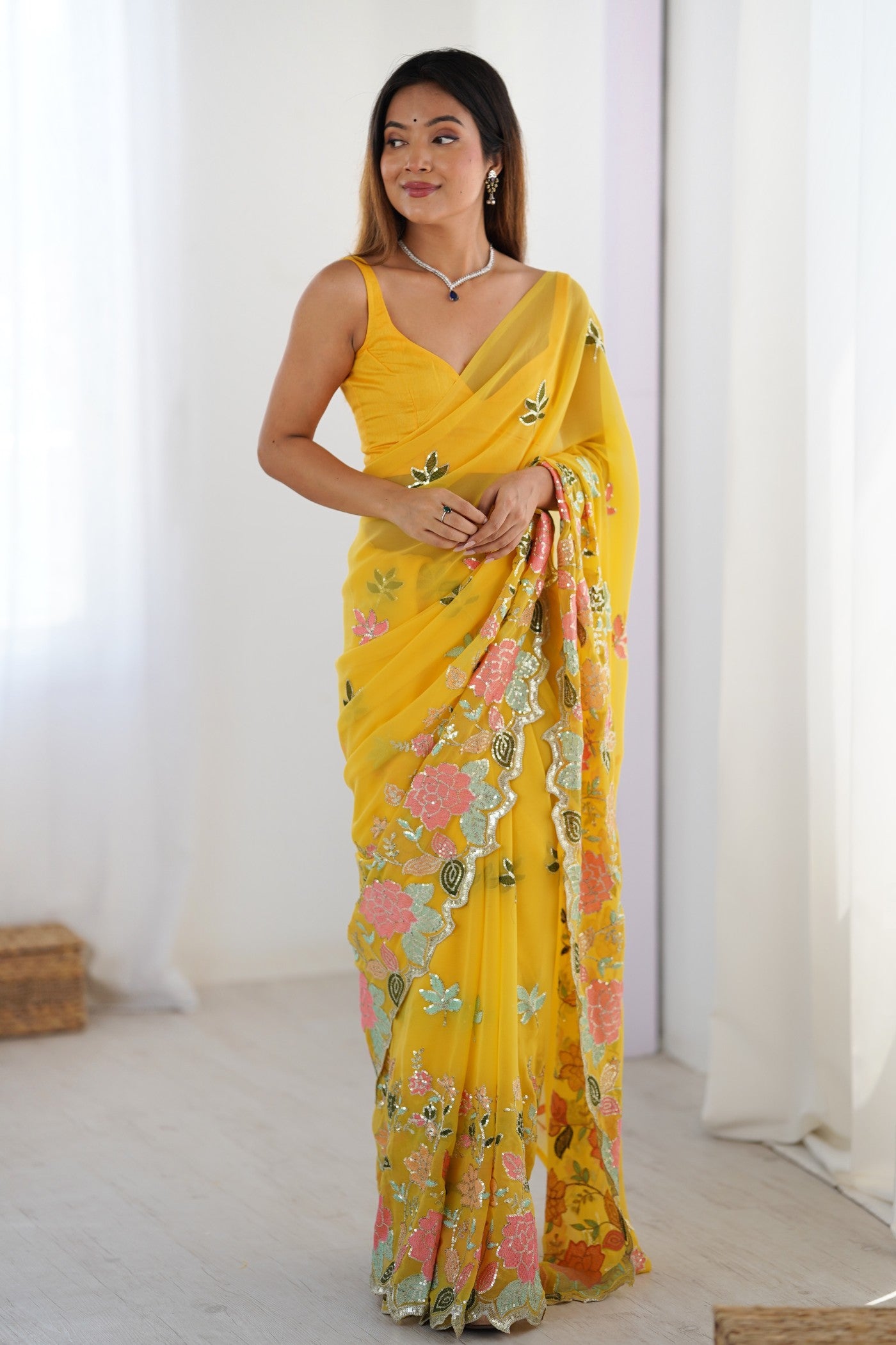 Buy MySilkLove Sunny Yellow Yellow Georgette Partwaer Saree Online