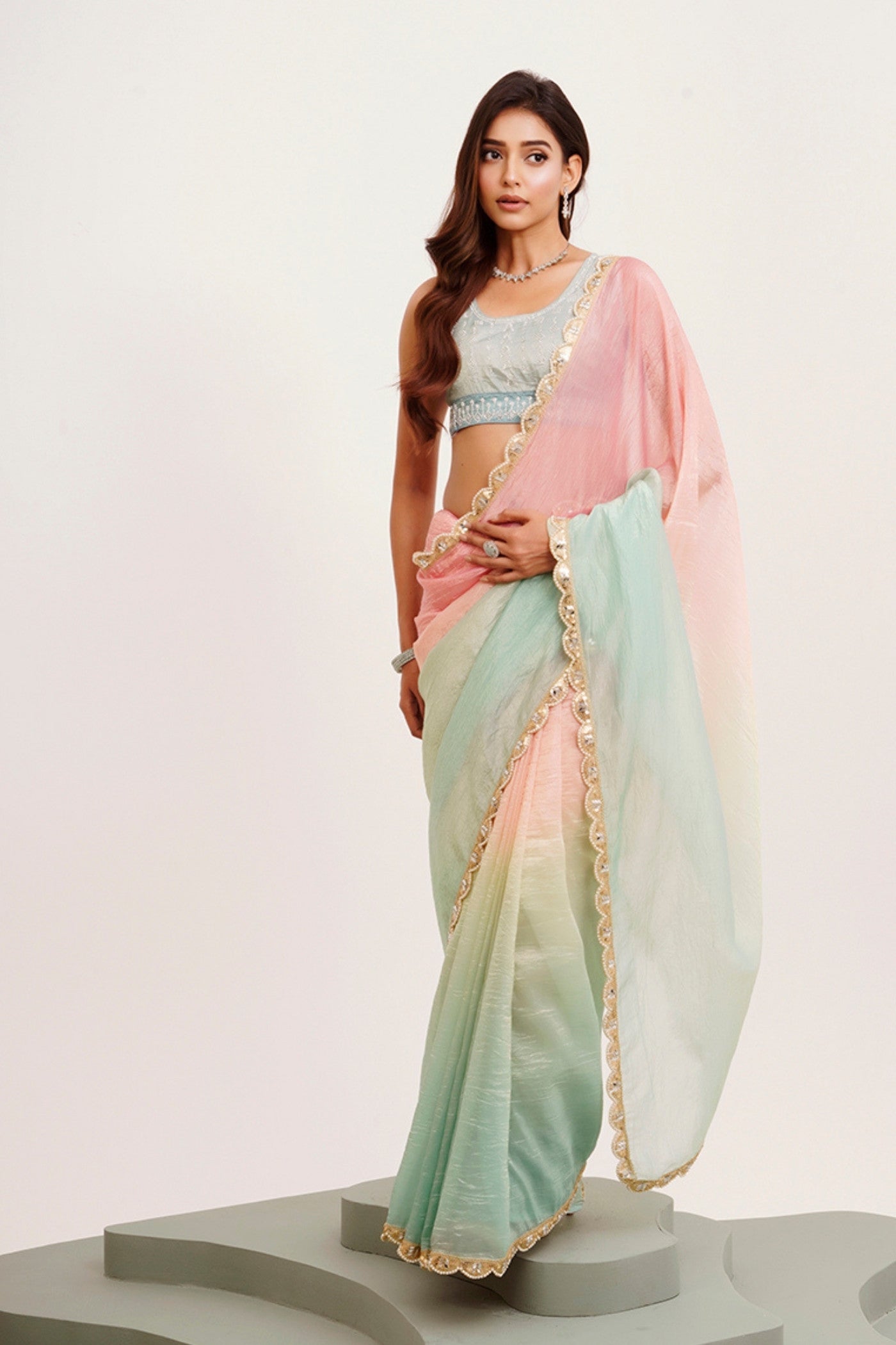 Buy MySilkLove Sky Blue and Pink Tissue Partywear Saree Online