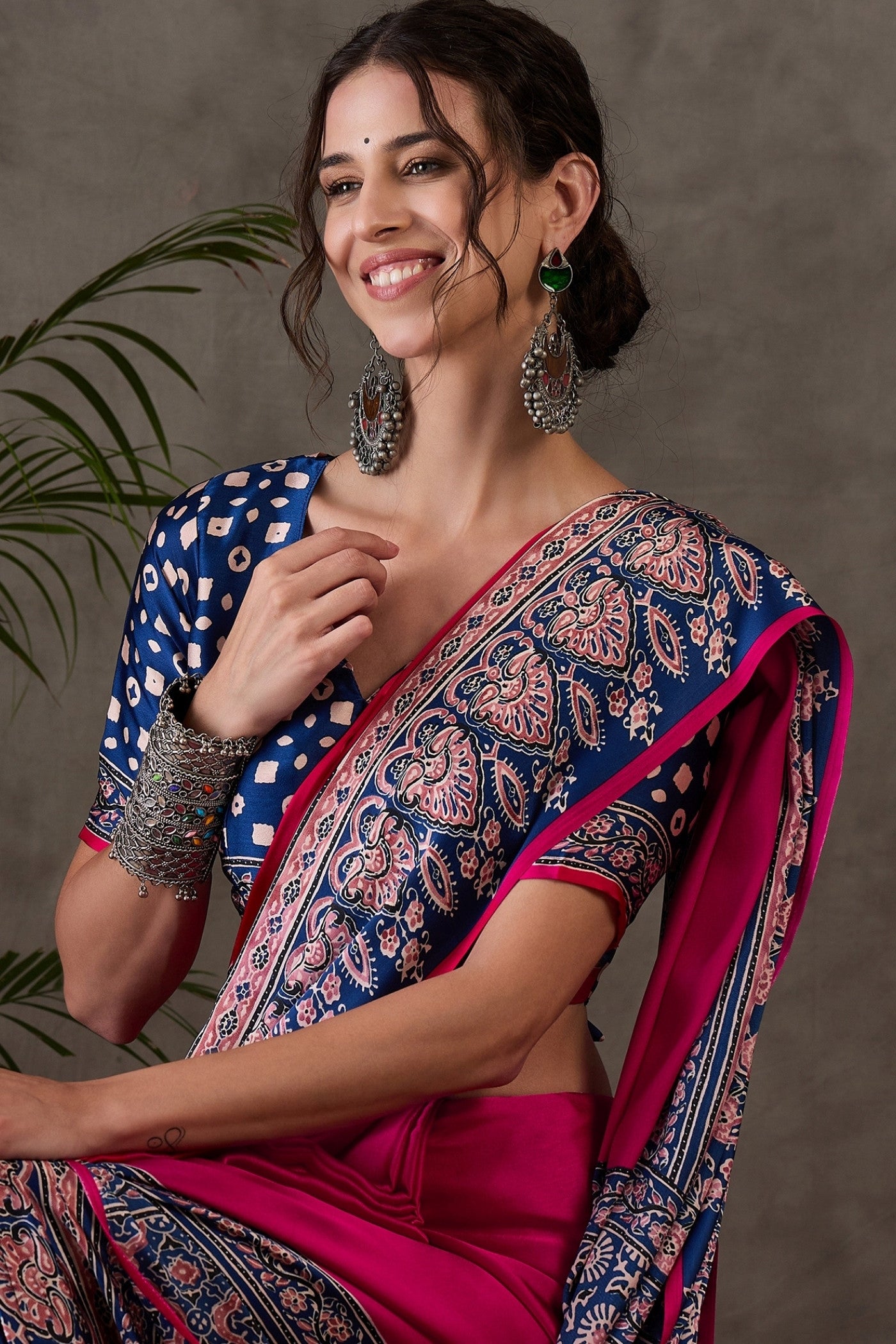 Buy MySilkLove Magenta Pink Printed Satin Gaji Silk Saree Online